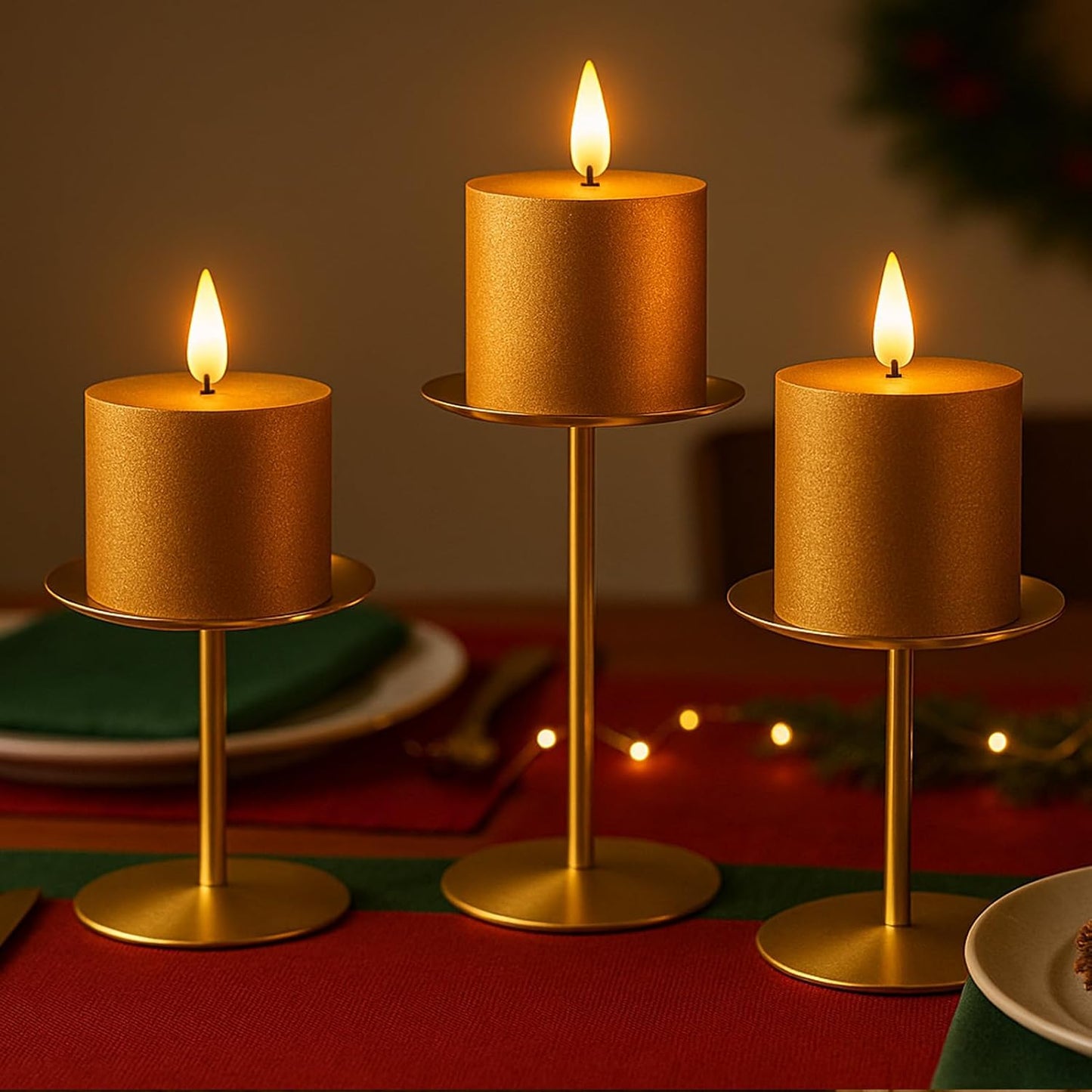 smtyle Gold Metal Candle Holder Sets for Pillar Candles Set of 3 Wedding Table Centerpiece Candle Holders, Minimalist Farmhouse Decor for Fireplace Mantel & Dining Room BST326H