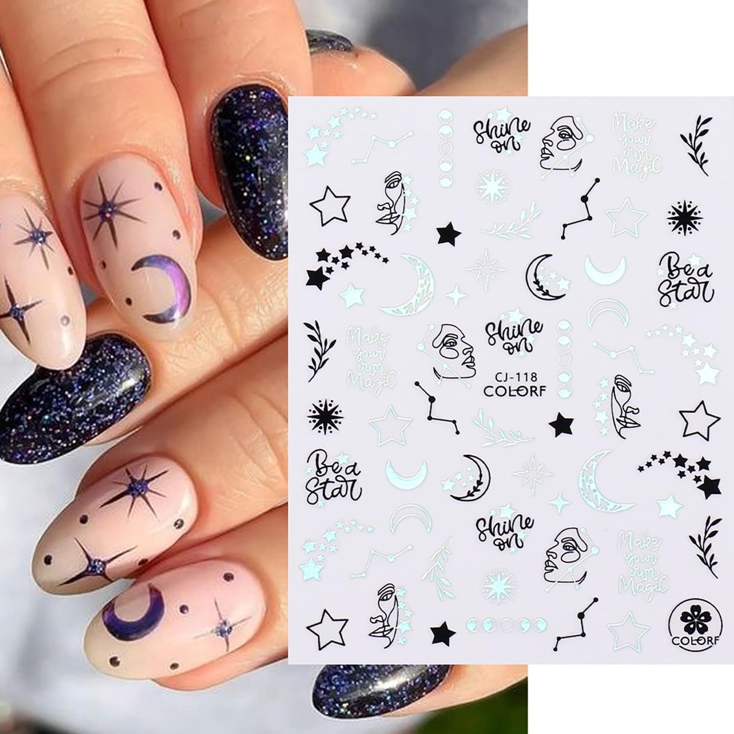 Liquid Butterfly Nail Art Sticker Decals Black Gold Black Silver Butterfly Moon Design Nail Decals 3D Self-Adhesive Nail Art Supplies Heart Nail Art Sticker Decoration for Women Manicure Supplies BST326L