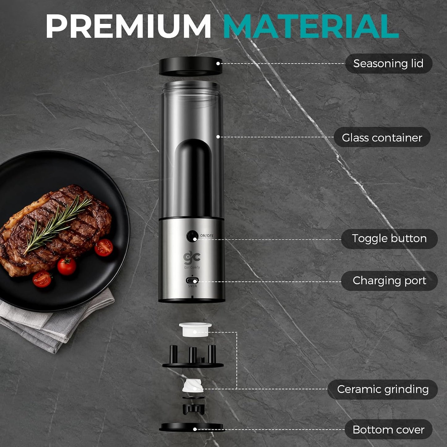 Electric Salt & Pepper Grinder Set One-Handed Automatic Pepper Mill with LED Light Adjustable Coarseness Large-Capacity Refillable Mill Durable Ceramic Core Battery Powered Seasoning Grinder for Home BST202