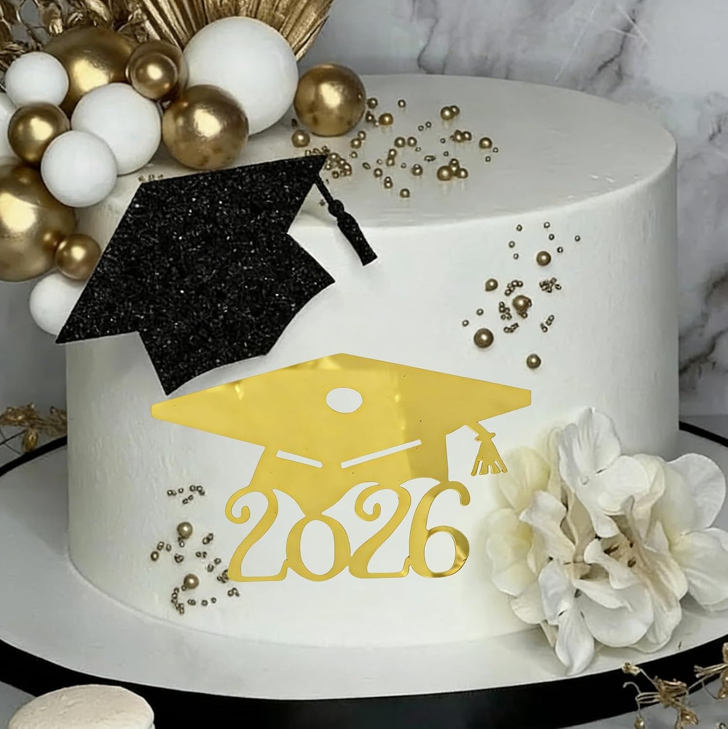 2026 Graduation Cake Toppers, 16 Pack Acrylic Gold Mirror Grad Cap Cake Decorations,Grad Hat Side Cake Toppers for Class of 2026 Party Supplies, High School College Graduation Cake Decorations BST220