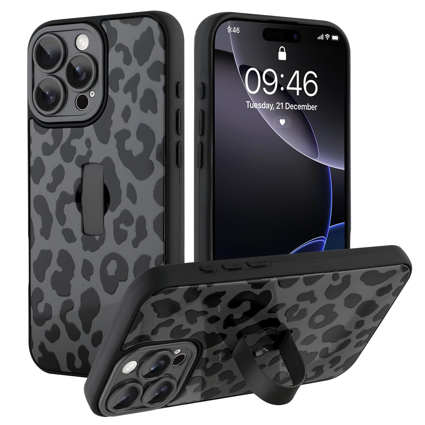 Compatible with iPhone 13 Case, Cute Cheetah Leopard Pattern | Built in Adjustable Wrist Strap Grip Hand Holder Stand Shockproof Kickstand Cover for Women Girls (Black White) WN420