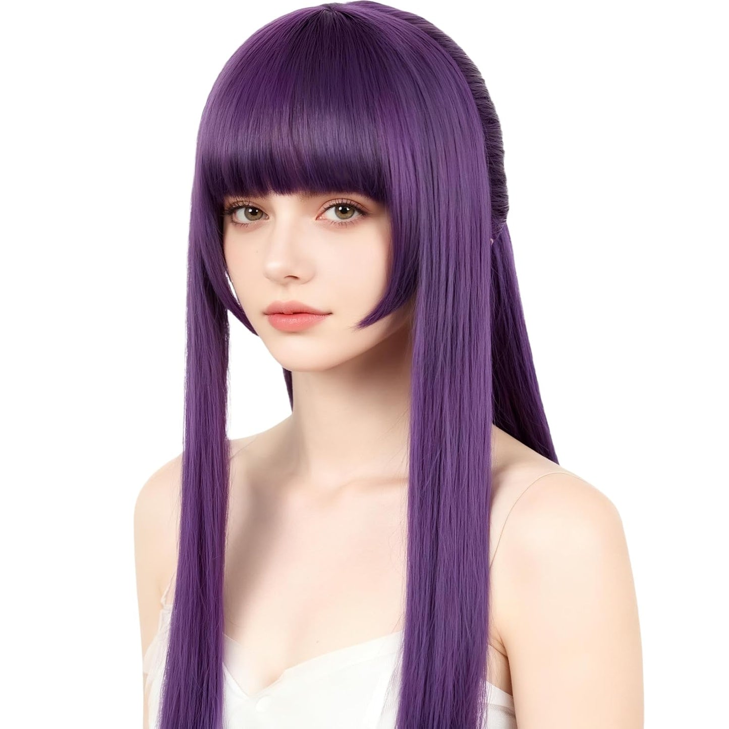Women's Long Purple Straight Hair Wig with Bangs Halloween Character Costume Wig (Purple/Long 2) WN420