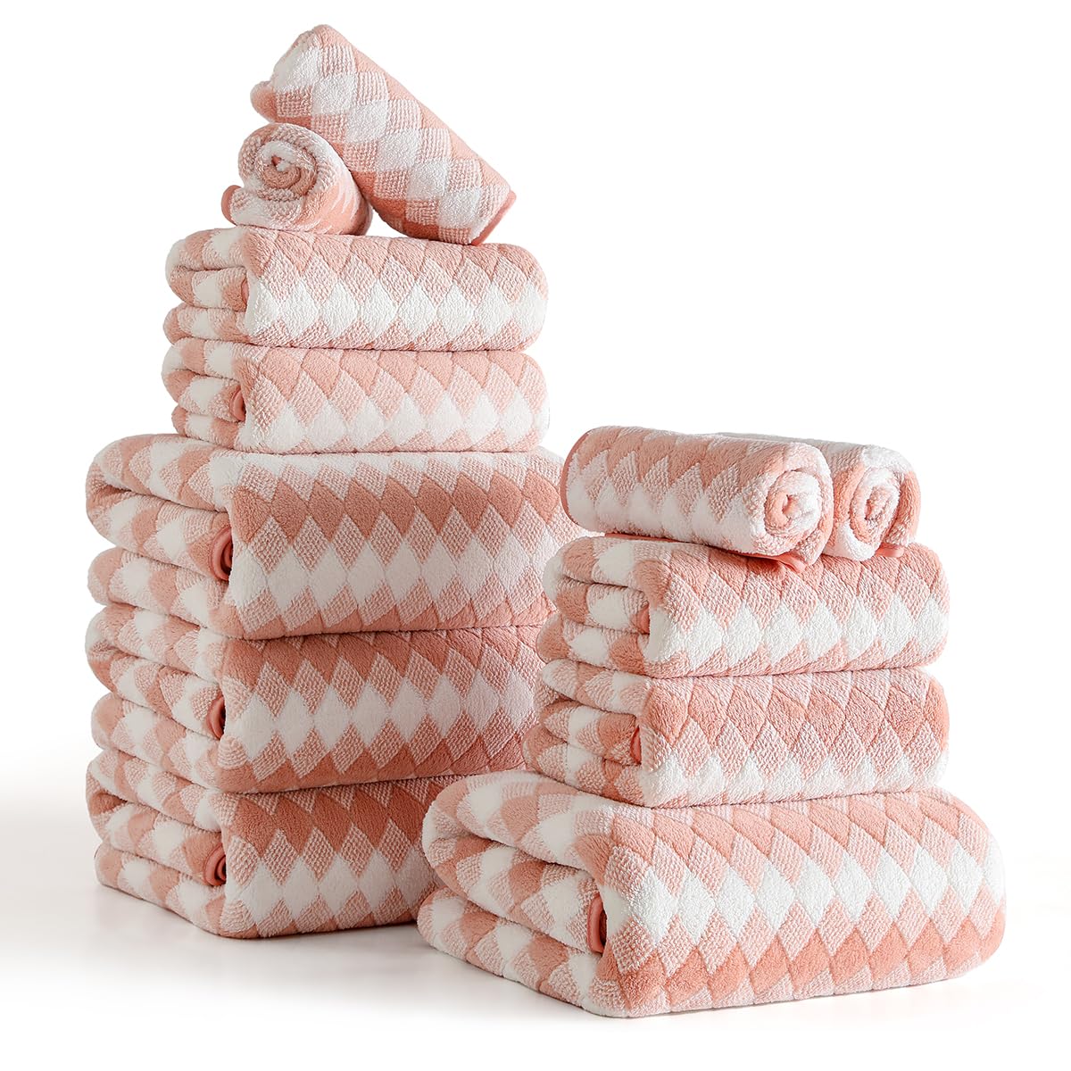 12 Pcs Light Gray Diamond Towel Set-4 Bath Towels,4 Hand Towels,4 Washcloths Soft Polyester Towels with Loop Absorbent Shower Towel Quick Dry Beach Chair Towel Family Towels for Bathroom Spa Gym Pool BST220