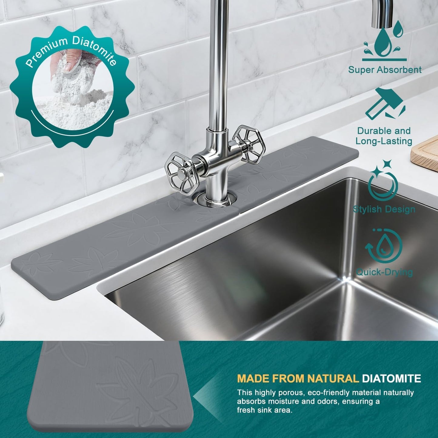 Hopegiver Stone Faucet Mat for Kitchen Sink - Fast Drying Diatomite Sink Protector Prevent Moisture, Super Water Absorbing Stone Tray for Kitchen & Bathroom Counter (White, 15.7"x3.9") BST326H