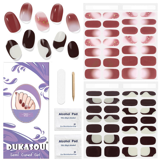Semi Cured Gel Nail Strips, 56Pcs Nail Art Stickers/Wraps, Long Lasting UV Nail Polish Strips for Adults (Silver Rhinestones+French Tip Glitter) BST220