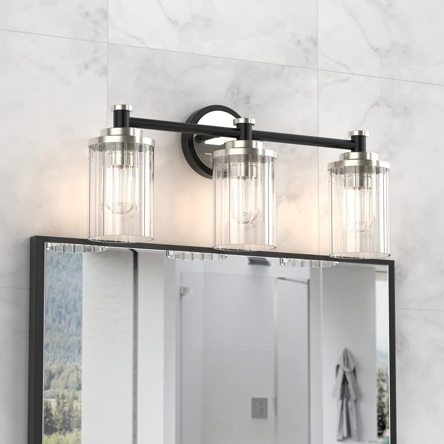 Bathroom Lighting Fixtures Black and Brushed Nickel Bathroom Vanity Light with Cylindrical Clear Stripes Glass Lampshade E26 Socket Base Bathroom Lighting Fixtures Over Mirror (3 Lights)