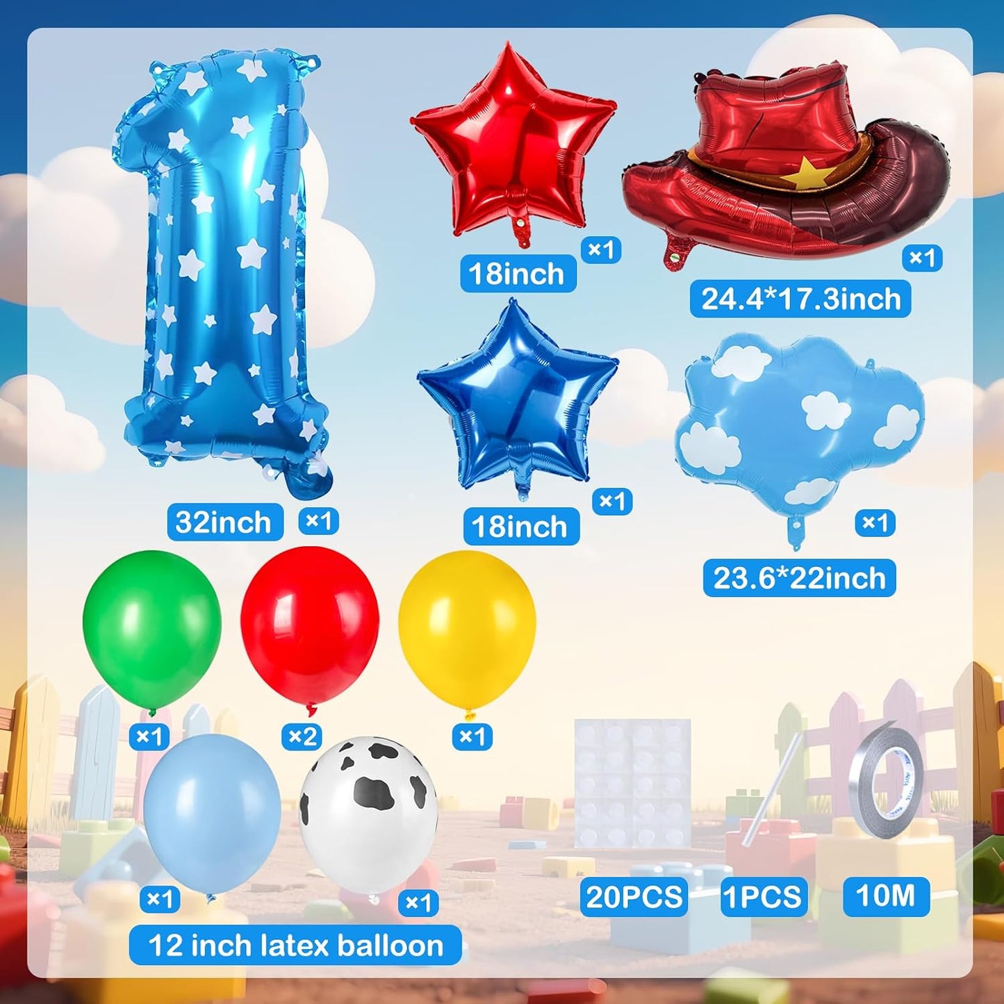 11-Pack Cowboy Theme Balloon Set, Farm Theme Decorations, Balloons with Hats and Clouds, Boys and Girls Birthday Party Supplies (1) BST202