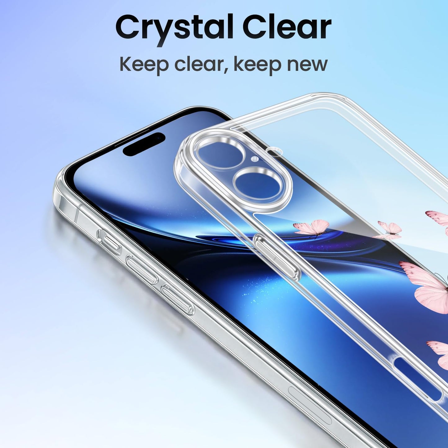 Cute Girly Crystal Clear Case Compatible with iPhone 16 Pro, Camera Control & Shockproof Protection Floral Case for Women, Blue Butterflies WN420