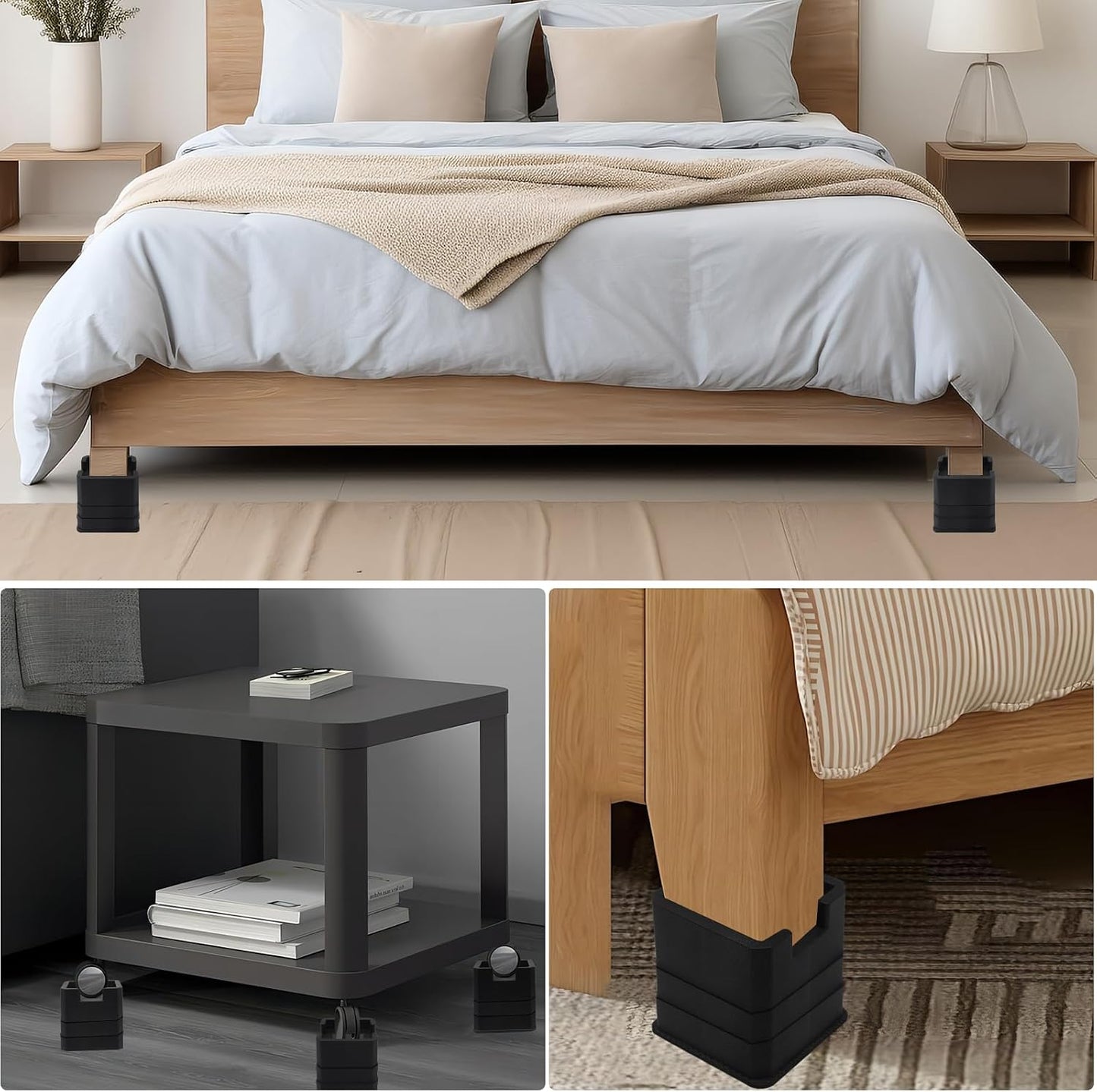 MYMULIKE Bed Risers 6 Pack, 4 inch Bed Lifts Risers for Casters Wheel, Adjustable Height 2, 3 or 4 inch Heavy Duty 6000lbs Bed Furniture Risers for Bed Frame, Furniture, Table, Black BST202