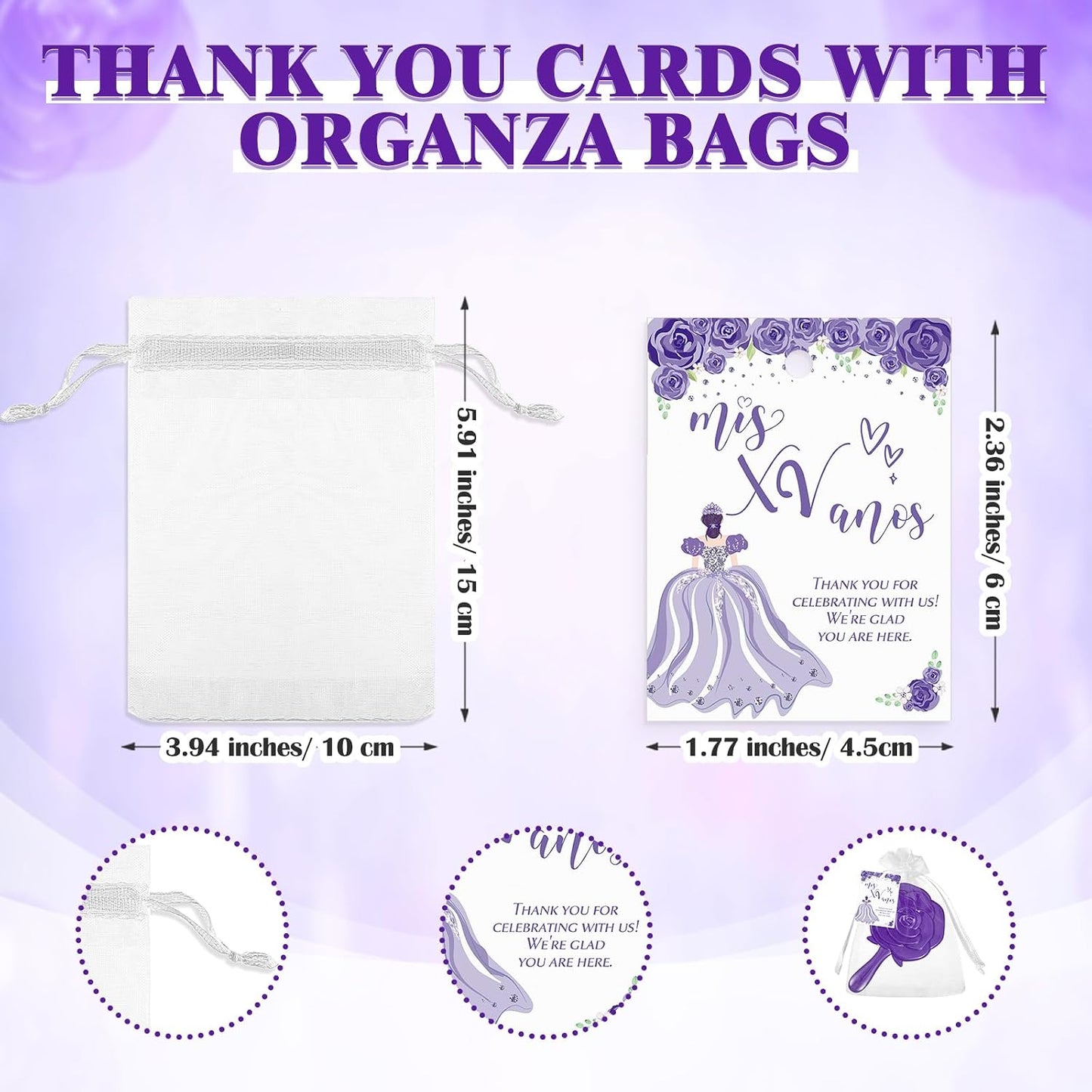 Sintuff 24 Set Rose Compact Mirrors Bulk Quinceanera Wedding Party Favors for Guests Rose Design Compact Mirrors Thank You Cards with White Organza Bags for 15 Birthday Wedding Party Favors(Purple) BST202