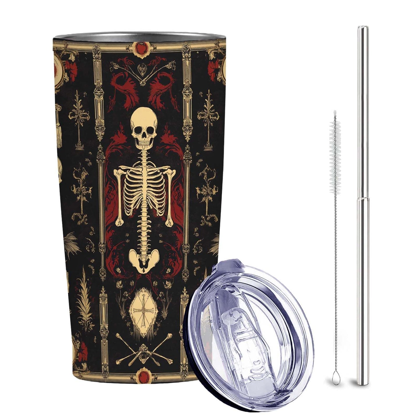 Gothic Skull 20 oz Insulated Stainless Steel Tumbler | Spooky Skeleton Travel Mug with Leak Proof Lid and Telescope Straw | Hot & Cold Coffee Cup | Halloween Gifts for Men and Women WN420