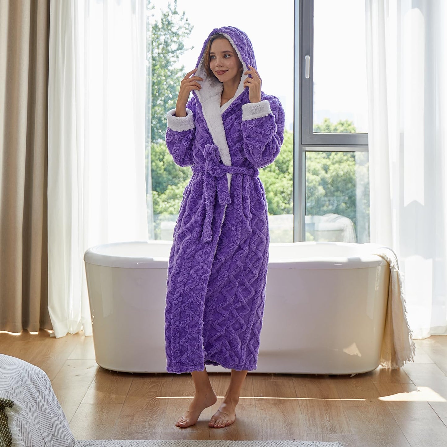 LKG women's robes long plush hooded ladies shower luxury christmas warm fuzzy robes house coat bathrobe for women full length WN420