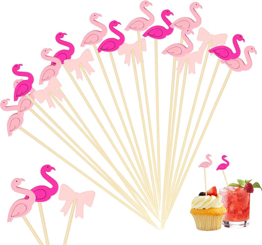 200 Pcs Pink Cocktail Picks Set, 4.72 Inch Bow and Flamingo Toothpicks for Appetizers Birthday Party Decoration BST220