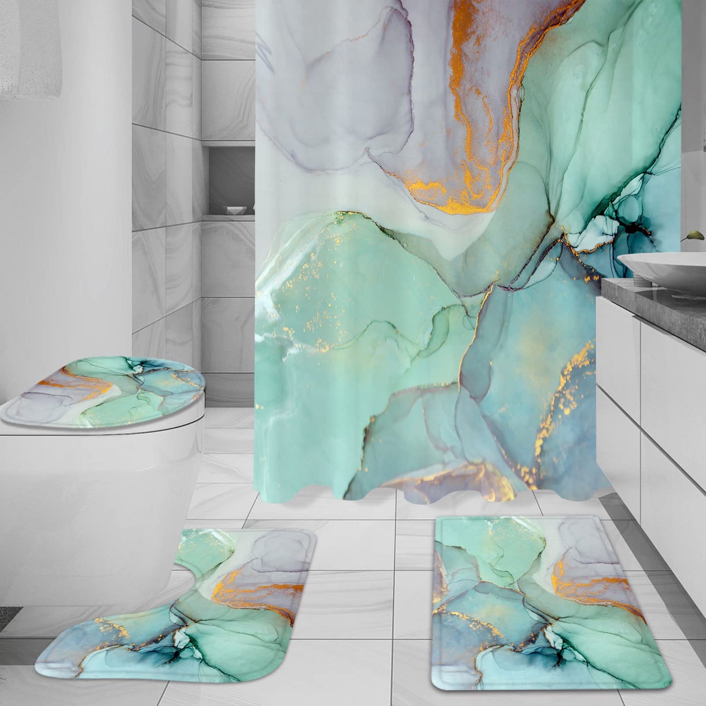 Gibelle 4 Pcs Bathroom Shower Curtain Set with Non-Slip Rugs, Toilet Lid Cover and Bath Mat, Grey Blue Marble Bathroom Decor Set with Shower Curtain and Rugs and Accessories BST326H