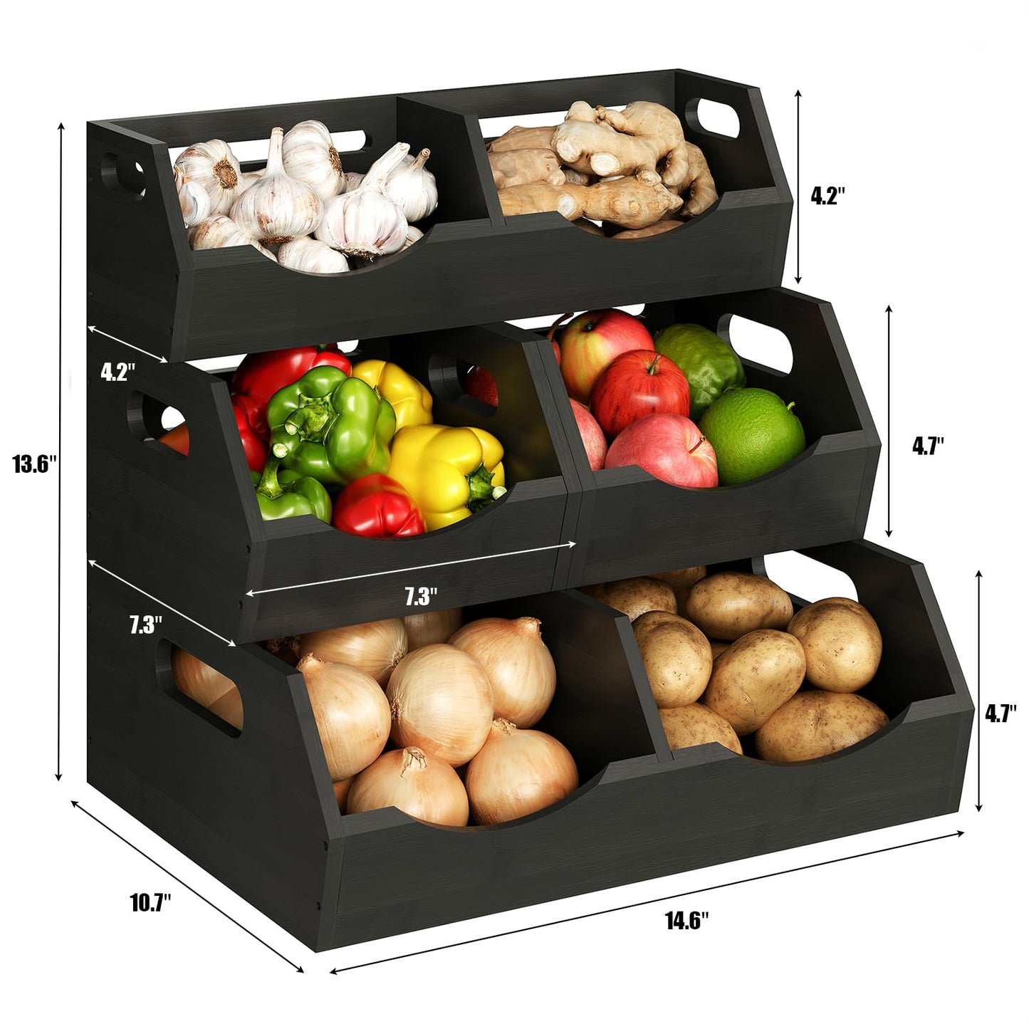 Onion Storage Bins Potato, 3 Tier Bamboo Pantry Storage Bin Stackable Ventilated Kitchen Organizer N3233