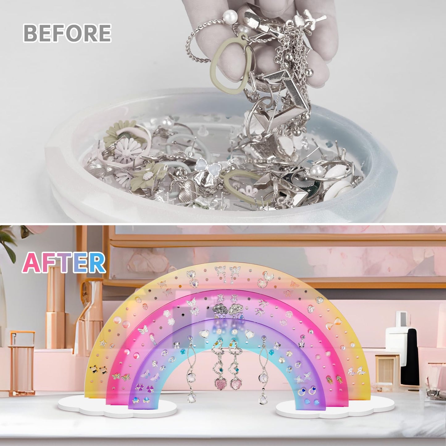 NiHome Earring Organizer Holder, 3-Tier 140 Holes Display, Iridescent | Lightweight Sturdy Fade-Resistant Vanity and Bathroom Storage Detachable Easy Assembly Travel-Friendly Design BST326H