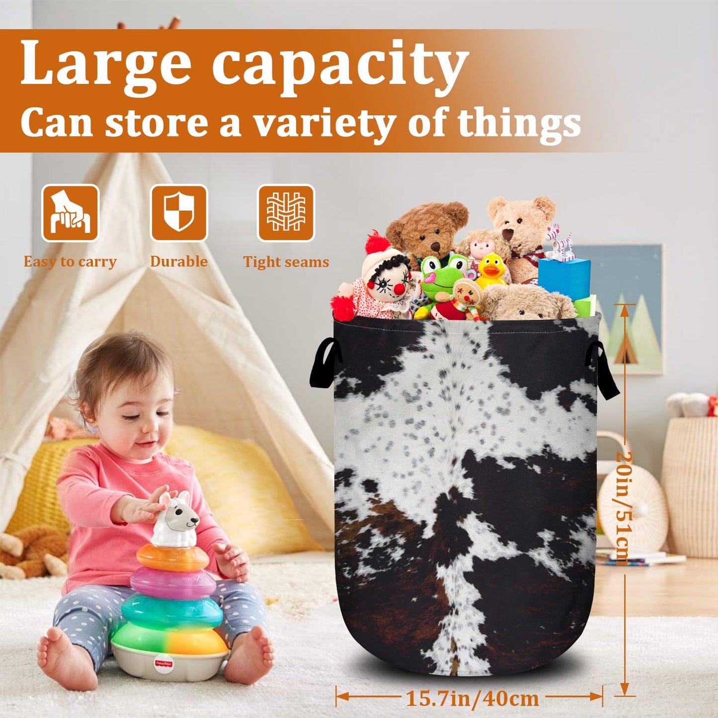 Nature Cow Print Laundry Basket with Sturdy Handles, Cow Skin Collapsible Oxford Cloth Laundry Hamper Organizer Basket for Bathroom Bedroom 15.7x20 Inch BST220