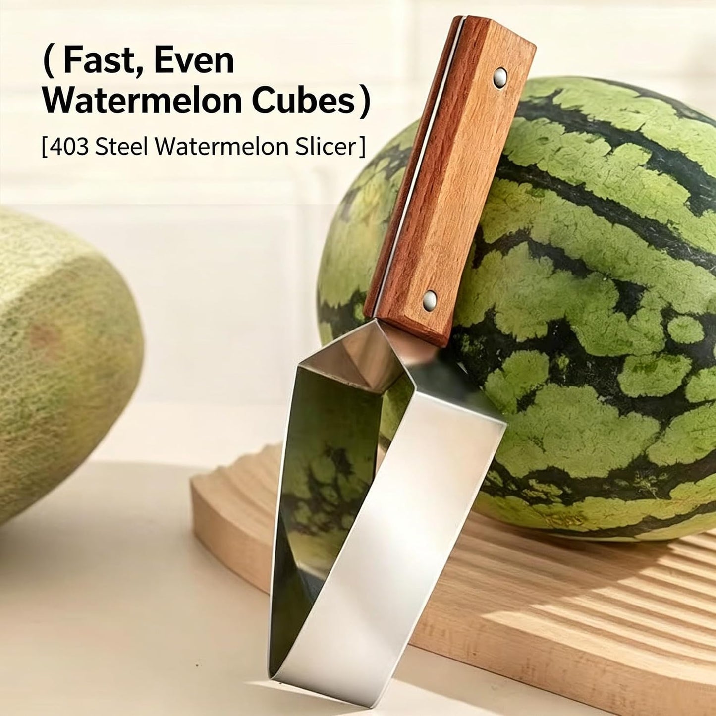 2pcs Stainless Steel Watermelon Cutter, Triangle Fruit Slicer with Wooden Handle, Melon Divider Tool for Watermelon, Cantaloupe and Honeydew, Kitchen Gadget for Picnic and BBQ BST326H