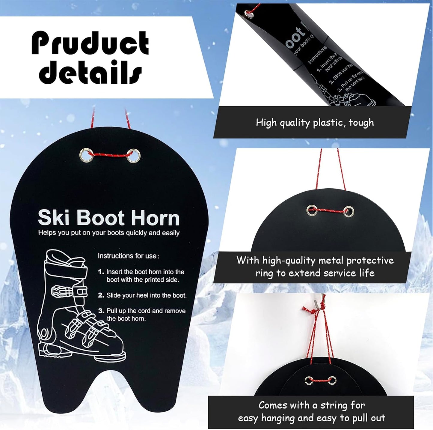 Ski Boot Horn - 3 Sizes Ski Boot Shoe Horn, Cuttable Plastic Shoe Horn for Ski Snowboard Boots, Makes Putting On Ski Or Snowboard Boots Easier, Shoe Helper Tool for Skiers of All Ages WN420