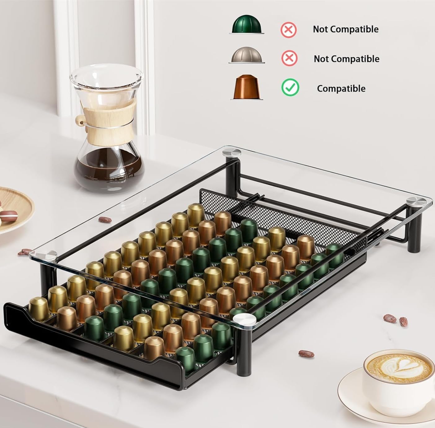 SEVENLINE Crystal Tempered Glass Coffee Pod Storage Drawer Compatible with Nespresso OriginalLine Capsules Holder 60 Original Line Pods Holds Kitchen Organizer BST220