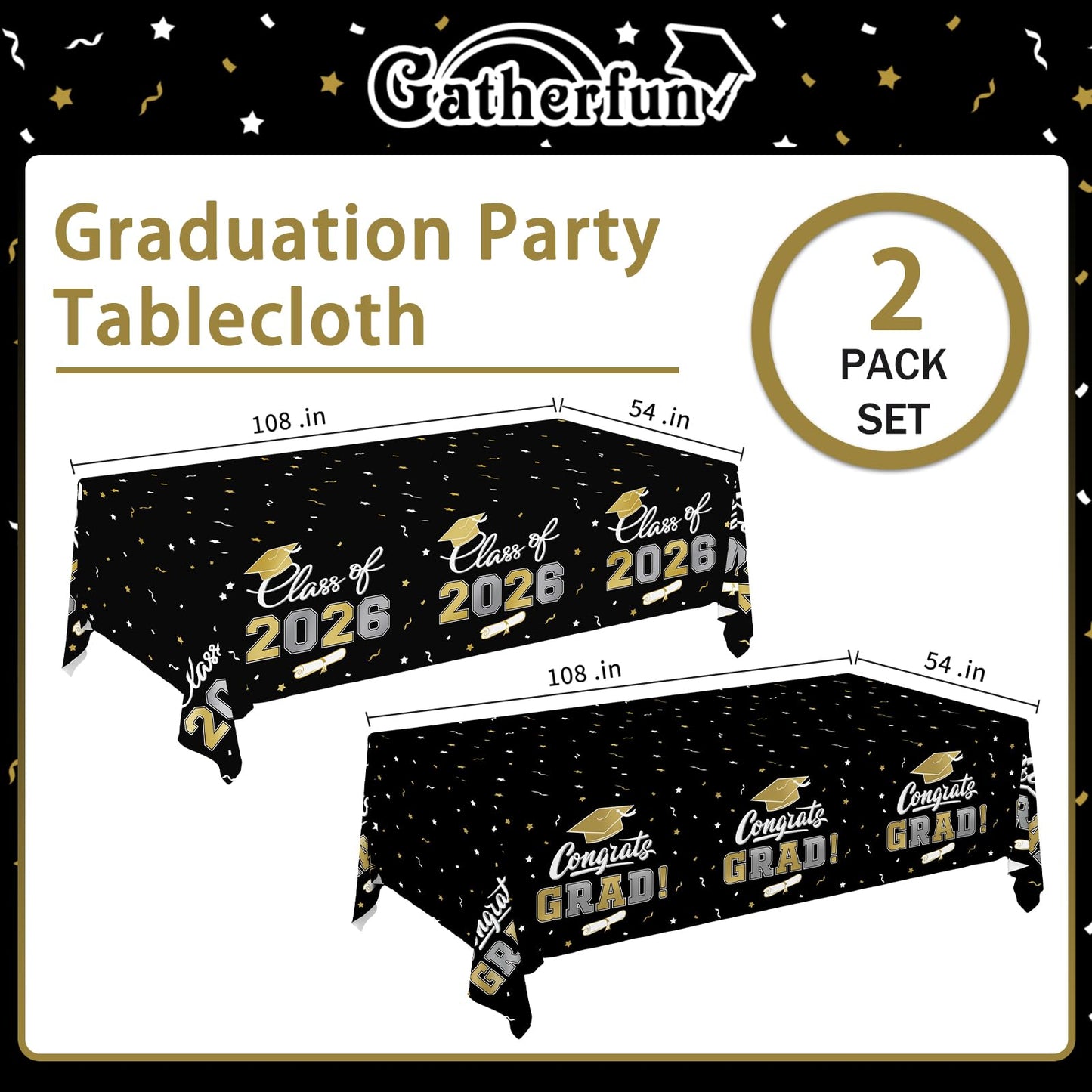 Gatherfun 2026 Graduation Decorations : 2-Pack Congrats Grad Disposable Tablecovers - Class of 2026 Red Themed Table Cloths, for Graduation Party Supplies & Graduation Backdrop, 54" X 108" BST326L