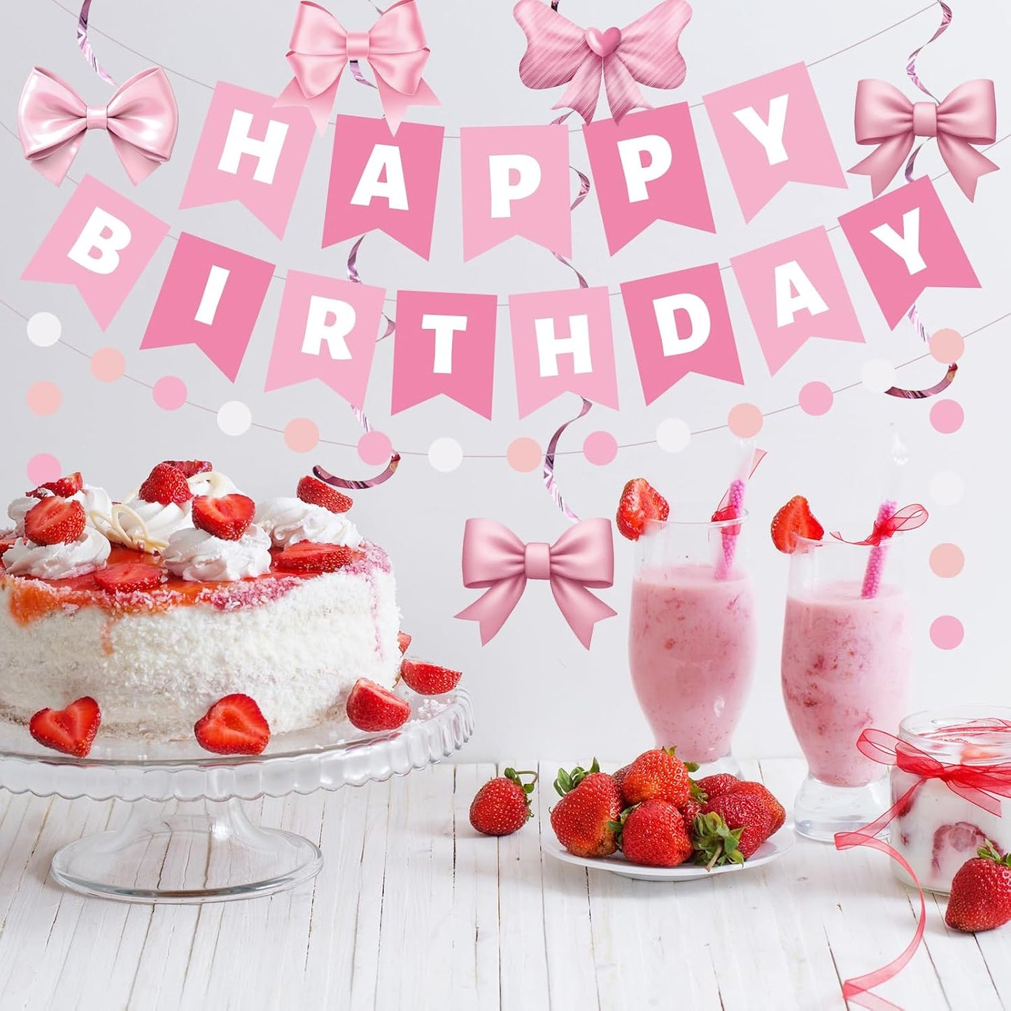 38 Pcs Pink Birthday Party Decoration Set Pink Bow Banner Hanging Swirls Honeycomb Balls for Women Girls Bow Birthday Bachelorette Party Baby Shower Party Supplies BST220
