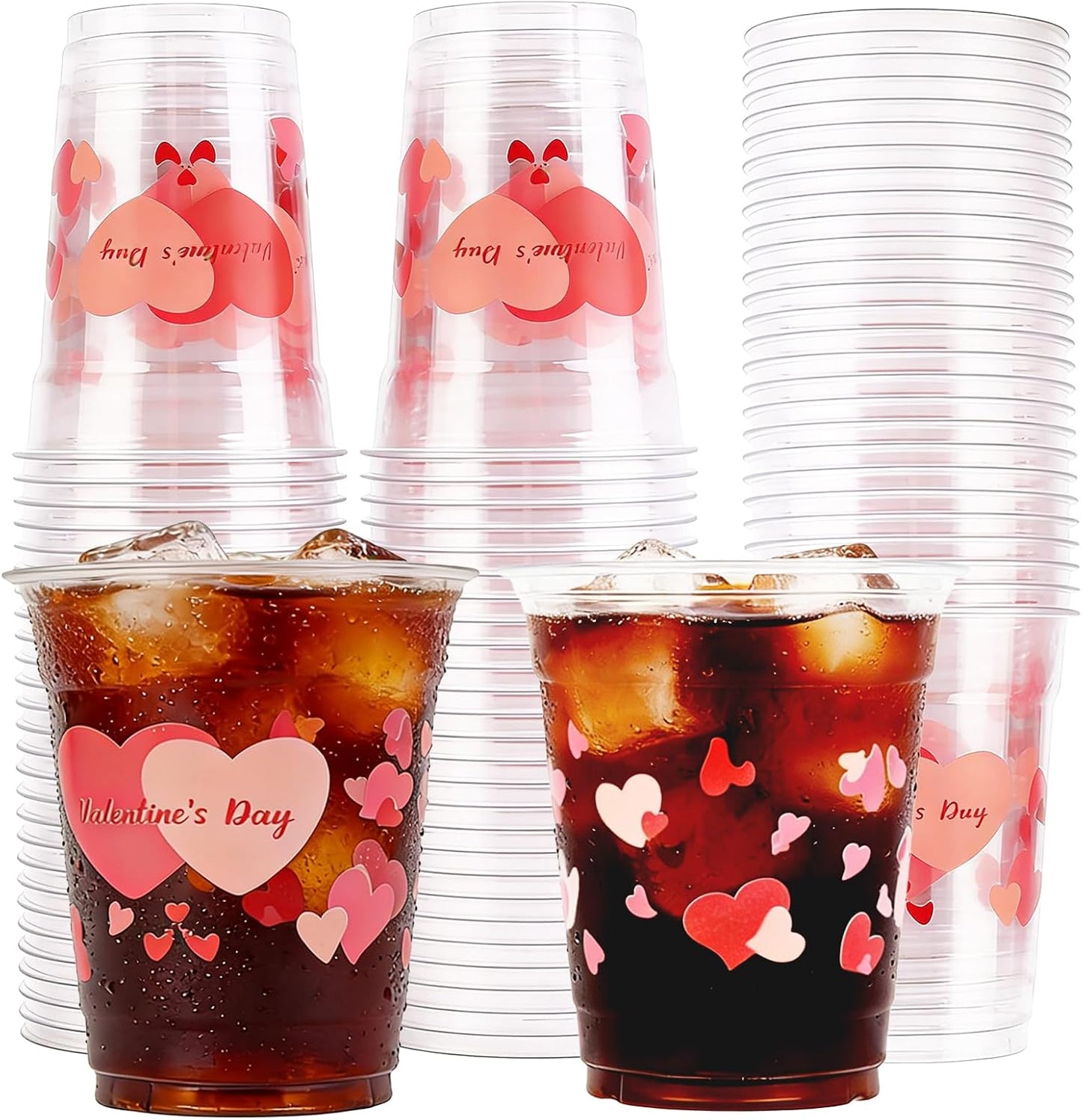 50 Pcs 12oz Valentine's Day Plastic Cups Clear Disposable Cups with Pink Hearts | Valentine Party Cups, Galentine's, Party Supplies, Bulk Drinkware WN420