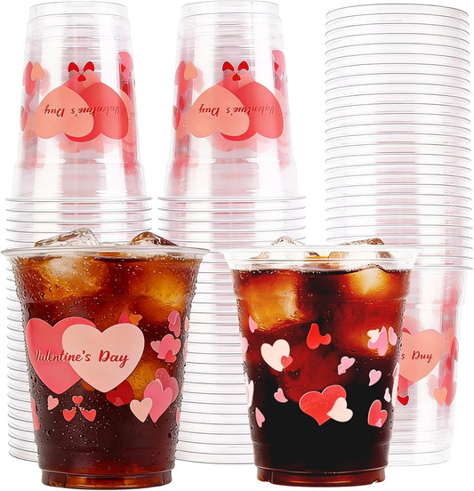 50 Pcs 12oz Valentine's Day Plastic Cups Clear Disposable Cups with Pink Hearts | Valentine Party Cups, Galentine's, Party Supplies, Bulk Drinkware WN420