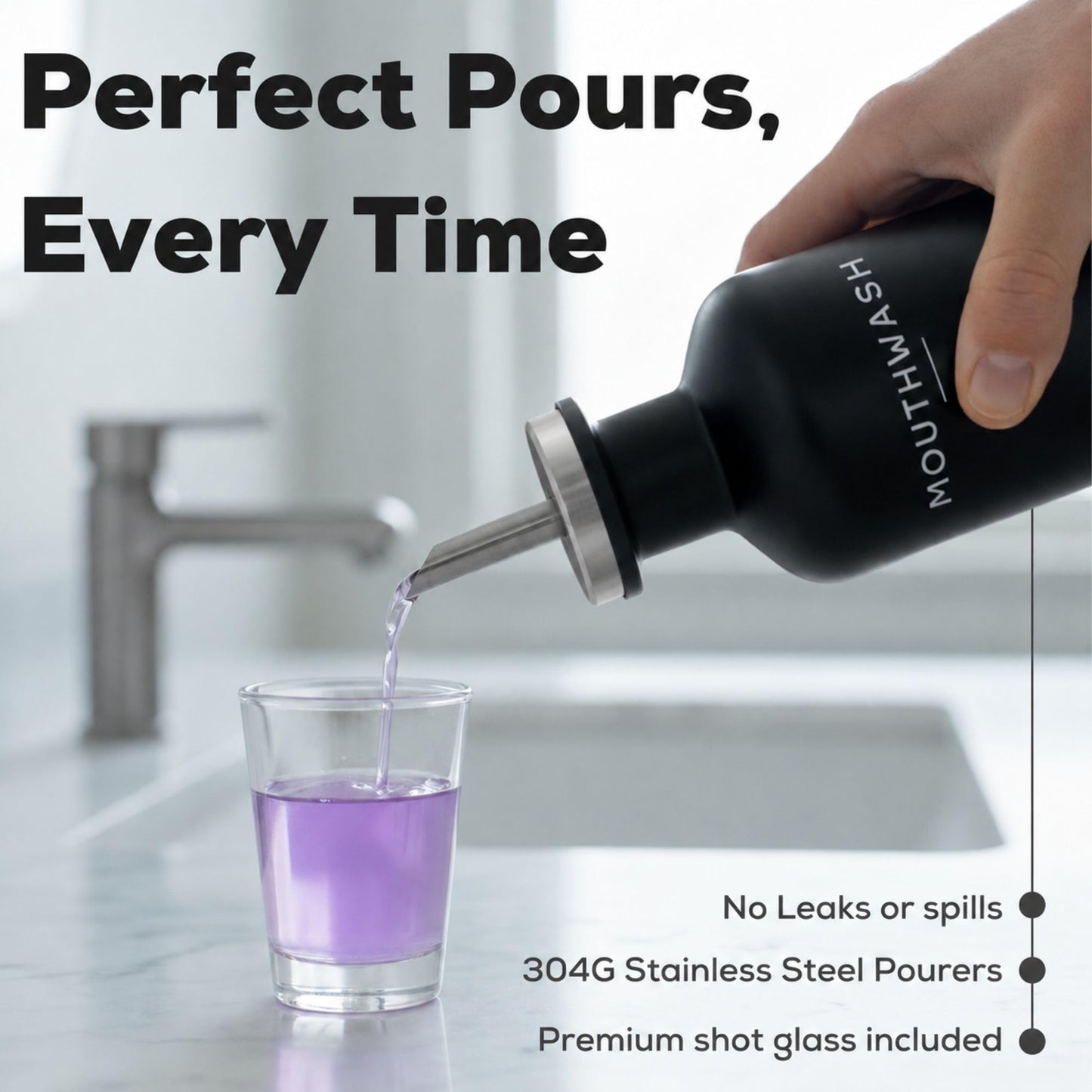 Glass Mouthwash Dispenser for Bathroom by Brighter Barns - Refillable Mouthwash Container with Glass Cup and Tray - Mouth Wash Dispensers for Bathroom Sink, Home Decor, Airbnb, Office, Hotel (Clear) BST326H