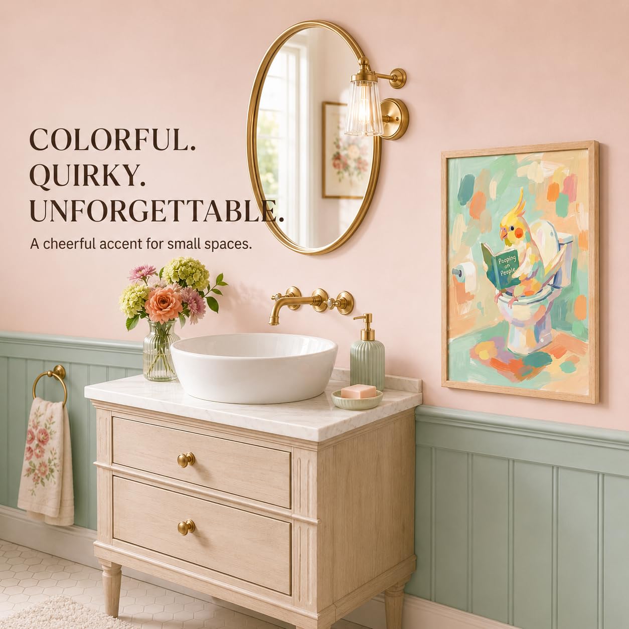 Framed Funny Parrot Bathroom Wall Art Cute Cockatiel Whimsical Canvas Print | Cute Bird Painting Natural Wood Frame Whimsical Animal Picture Playful Wall Decor for Bathroom Kids Room Nursery12x16Inche BST326H
