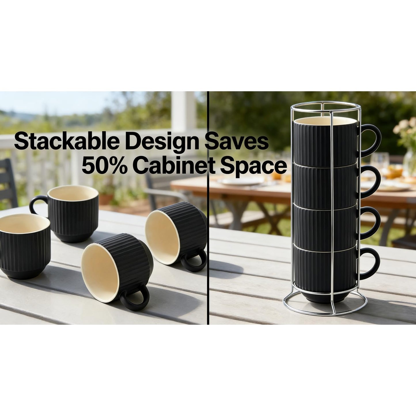 HASENSE 15 oz Ribbed Stackable Coffee Mug Set of 4, Porcelain Latte Cups with Metal Rack, Dishwasher & Microwave Safe, Cappuccino Tea Hot Cocoa, White BST220