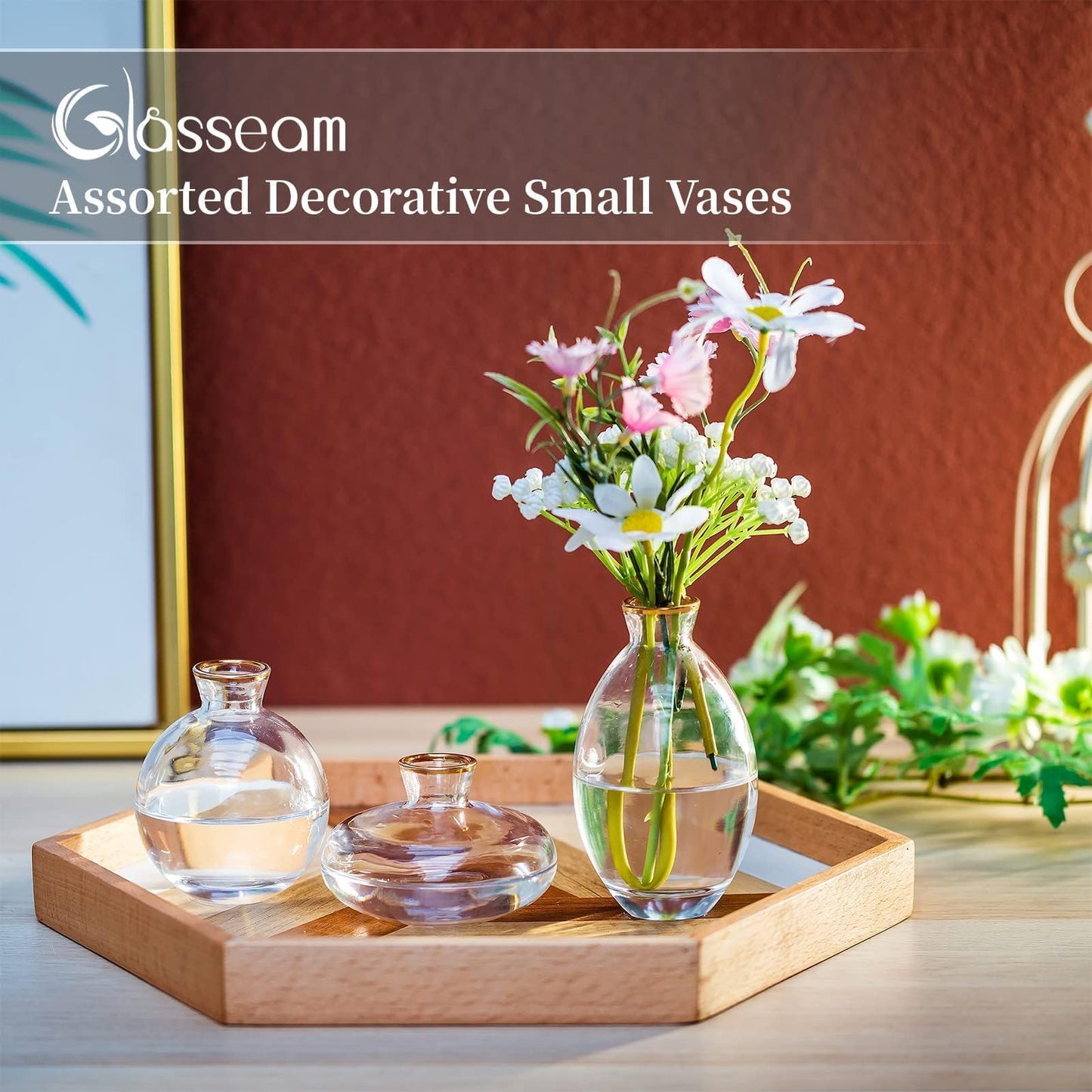 Glasseam Clear Glass Bud Vase, 3Pcs/Set Modern Decorative Small Mini Flowers Vases Short Minimalist Aesthetic Home Decor Vintage Cute Handmade Tiny Wedding Table Centerpieces for Single Flower Rose BST326H