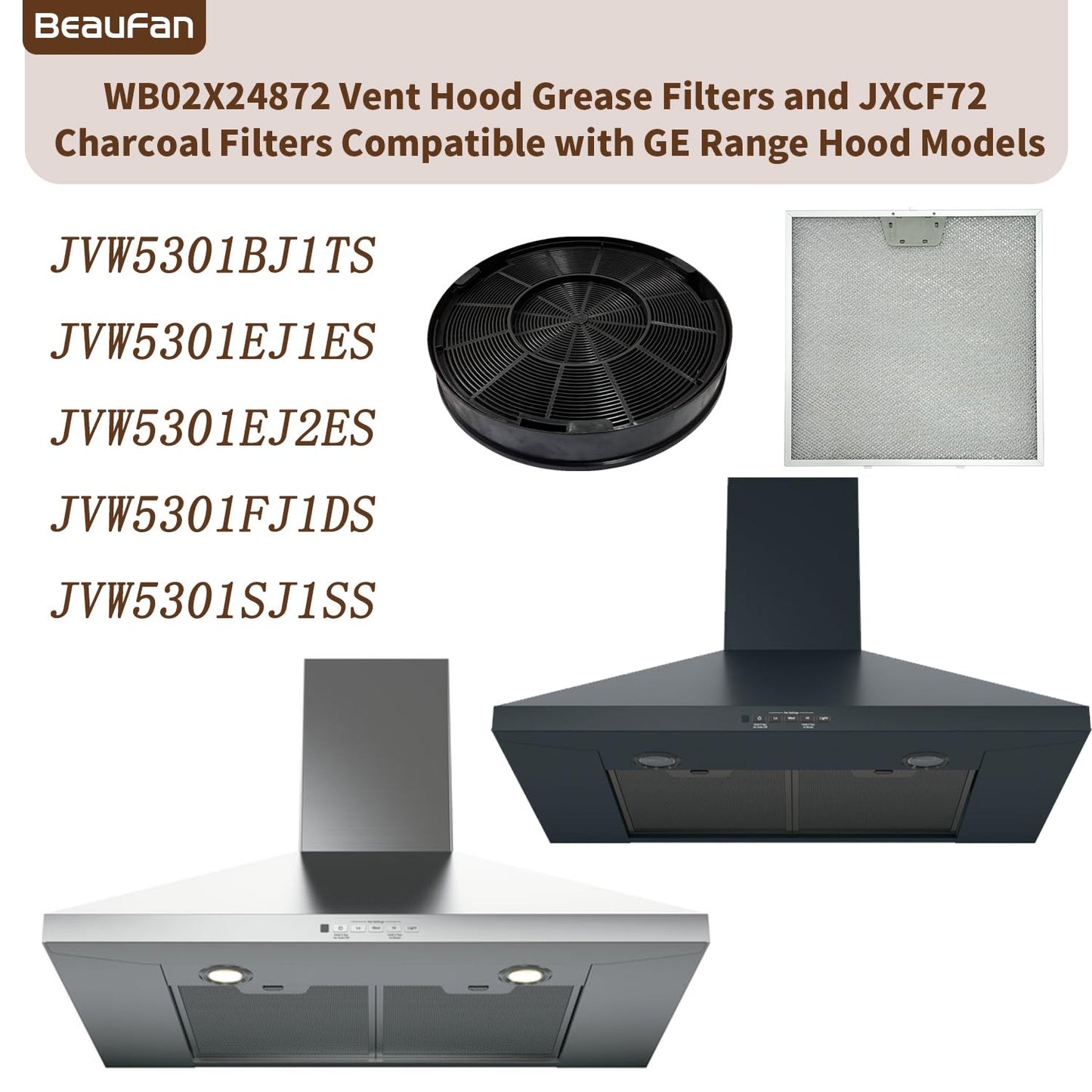 2 Pack WB02X24872 Range Vent Hood Grease Filter & 2 Pack JXCF72 WB02X24842 Charcoal Filter Compatible with GE Range Hoods JVW5301EJ1ES, JVW5301SJ1SS, JVW5301BJ1TS, JVW5301FJ1DS, JVW5301EJ2ES BST220