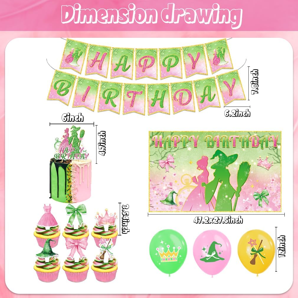 42Pcs Halloween Witch Birthday Party Decorations Pink and Green Backdrop Witch Princess Cake Decorations Toppers Cupcake Toppers Balloons for Halloween Witch Party Supplies BST326H