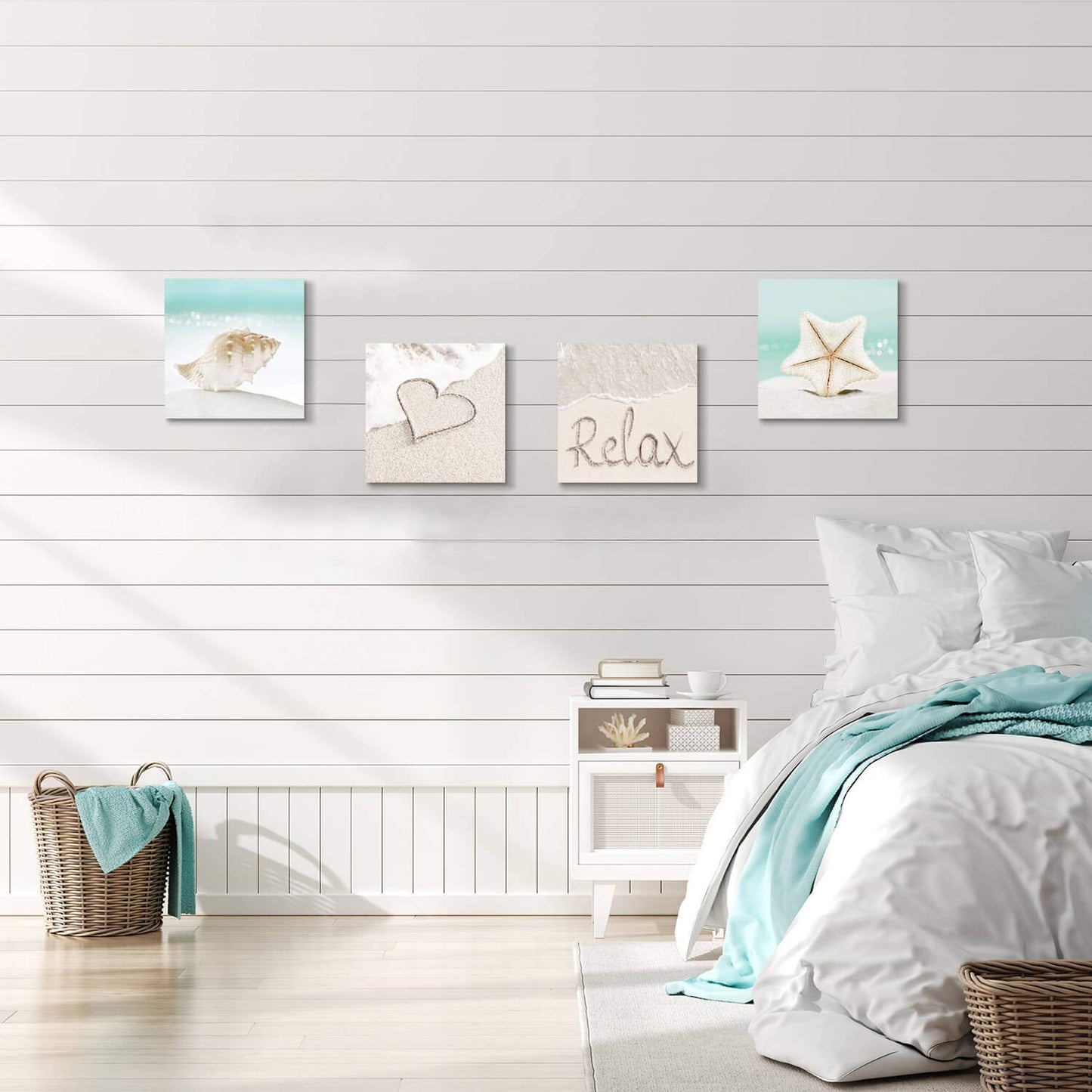 TAR TAR STUDIO Beach Seashells Artwork Canvas Pictures: Tropical Seaside Scene Painting Print for Wall (12" x 12" x 4 PCS, Multiple Style) BST220
