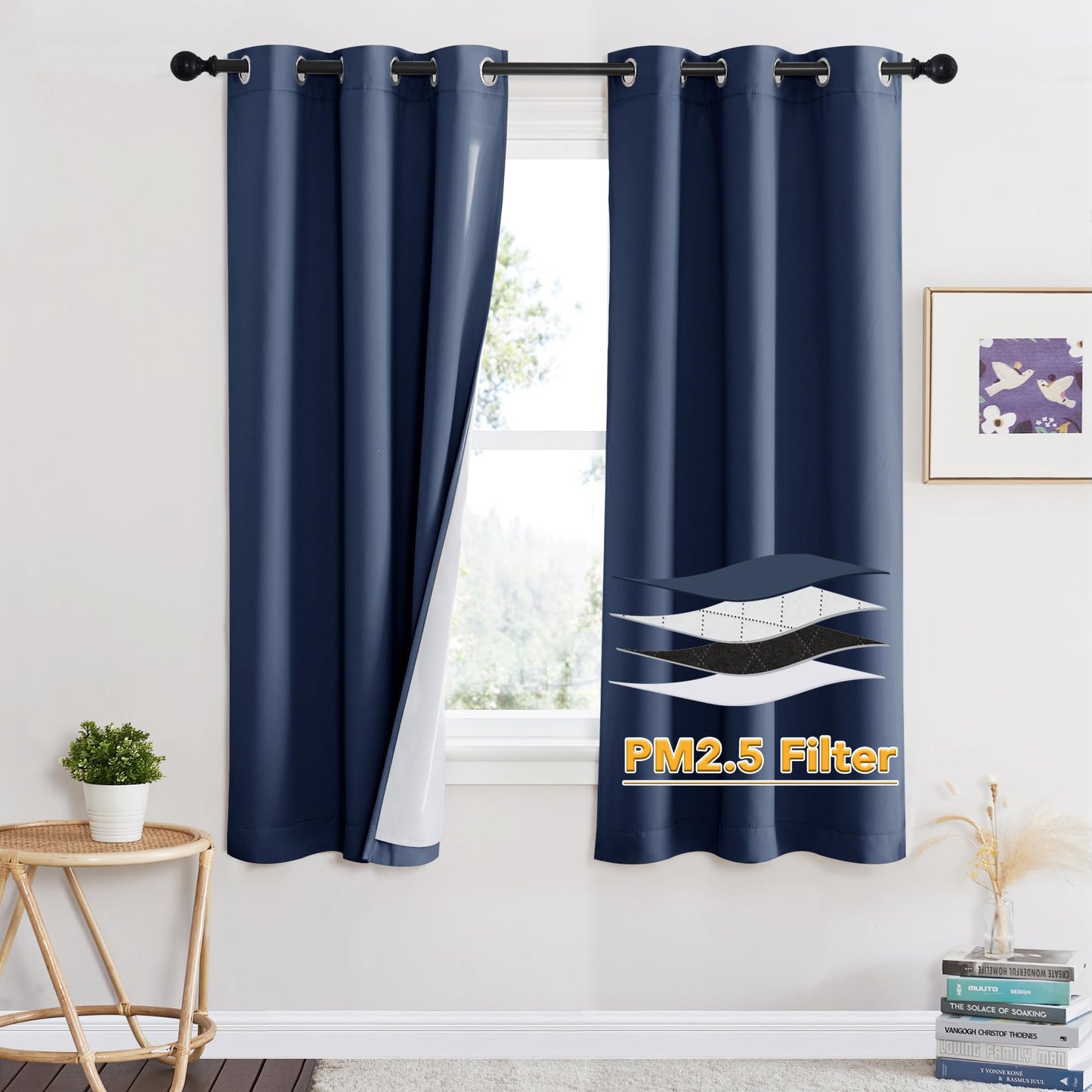 RYB HOME 4-in-1 Dust Filtering Soundproof Blackout Insulating Privacy Window Curtains for Nursery Bedroom Living Room Rivider Sound Absorption Sheet, Black, W52 x L90 inch, 2 Panels BST220