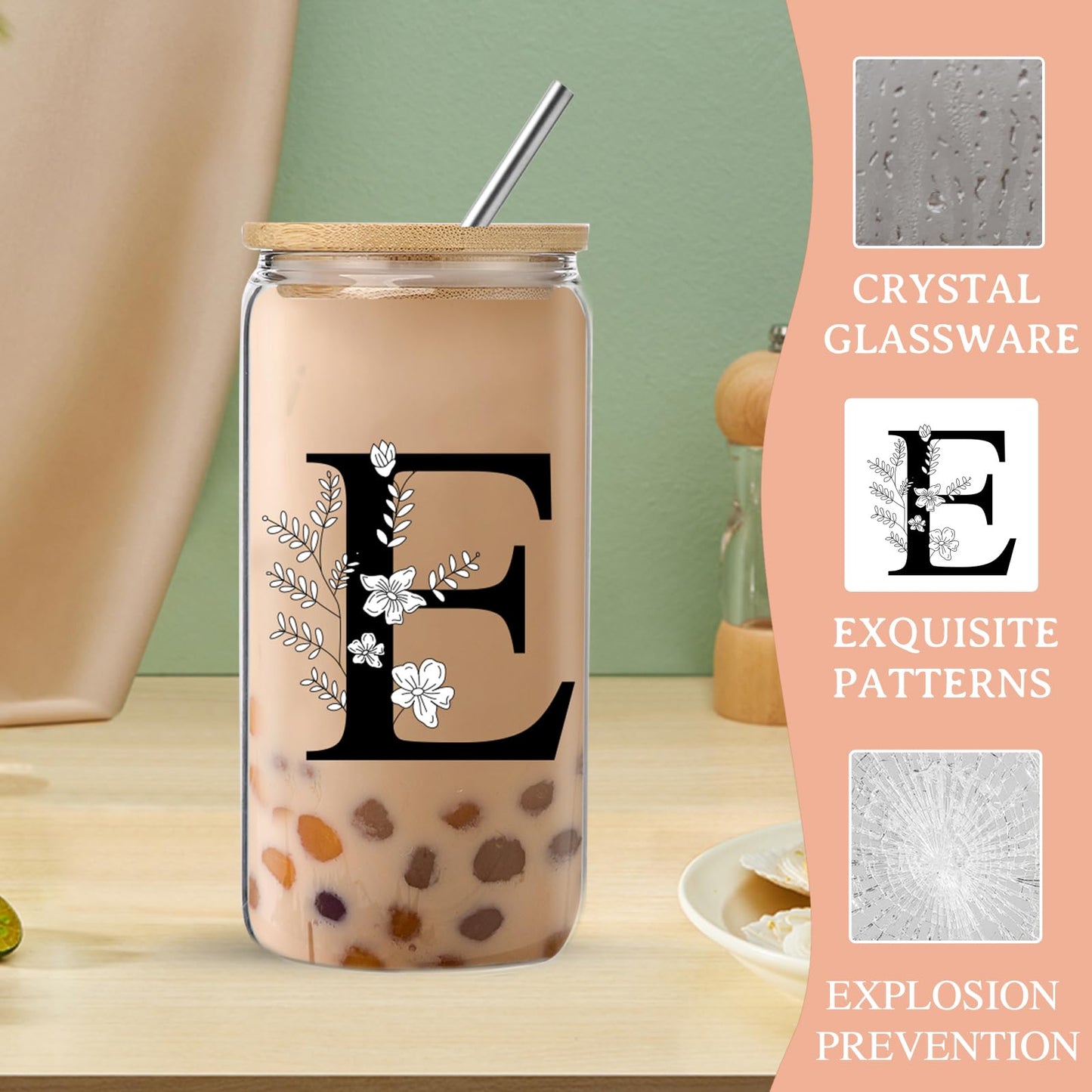 Monogrammed Initial Glass Cup with Lids and Straws gift for Women | Personalized Gift Set with Doll, 16 Oz Ice Coffee Cup ,reusable glass tumbler,Birthday Christmas Gift for Her,U WN420