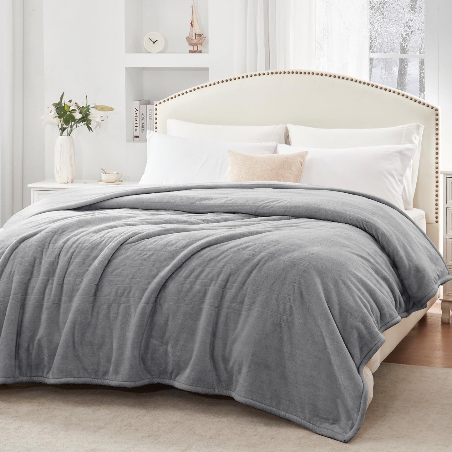 Sealy Heated Electric Blanket Queen Size, Flannel Electric Blanket with 10 Heating Levels & 1-12 Hours Auto Shut Off, Fast Heating Warming Blanket, Machine Washable, Grey, 84 x 90 Inch
