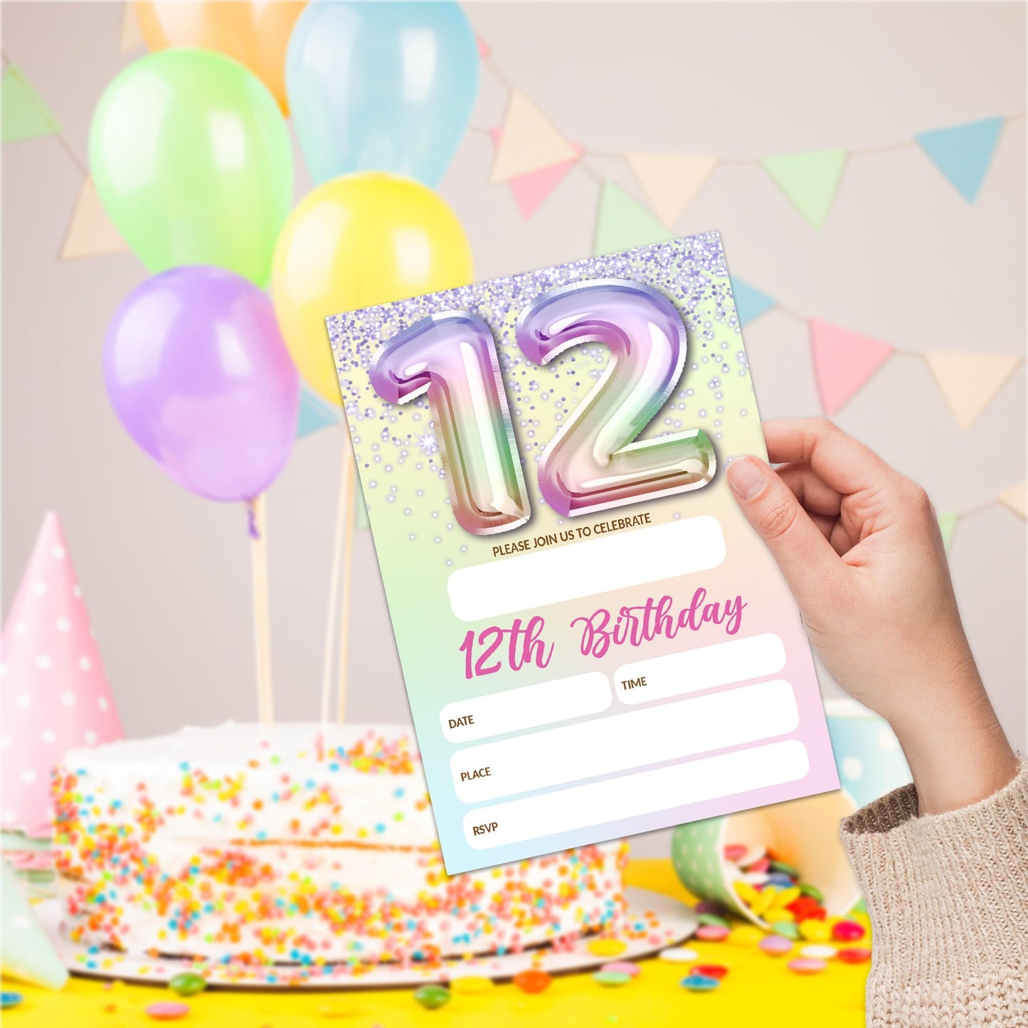 5th Birthday Invitations For Girl,Purple Glitter Birthday Invites, 20 Fill-in Rainbow Balloons Invitation Cards With Envelopes, Fifth Party Decorations 4x6 Inch-D05 WN420