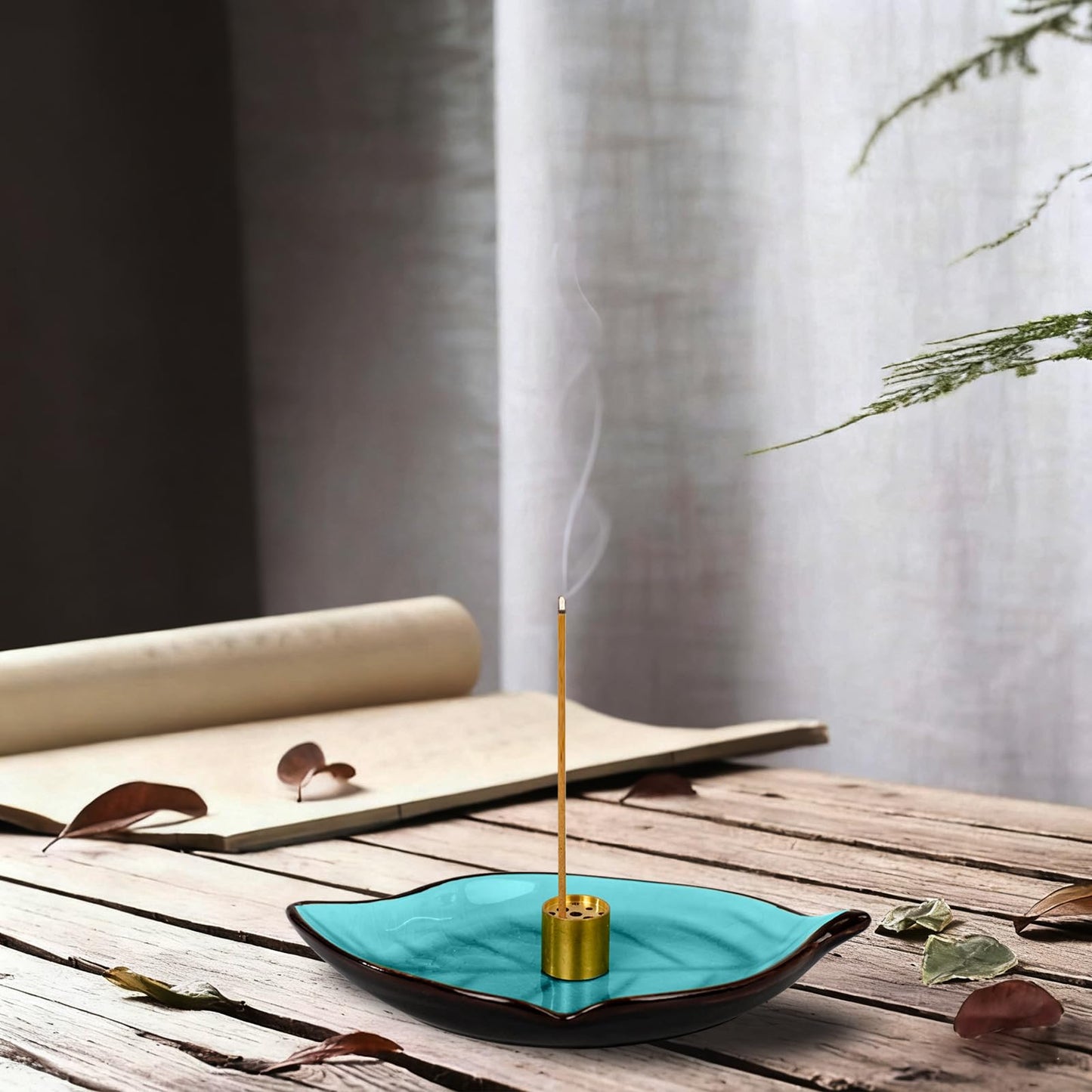 Incense Holder for Sticks (9 Holes) and Cones, Handmade Ceramic Incense Ash Catcher for Meditation, Yoga, SPA Days, Relaxing, Home Decor, Candle Holder, Easy to Clean, Leaf-Shape (Blue) BST220