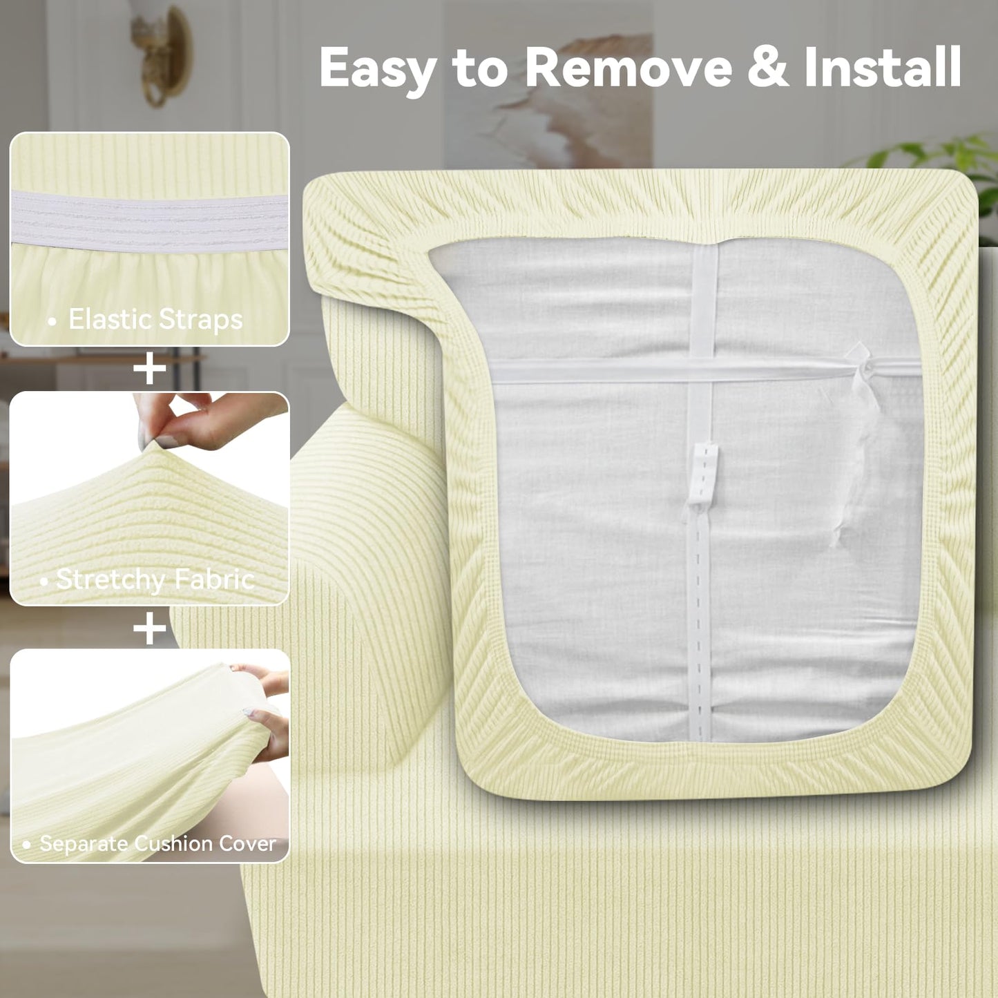 Waterproof Chair Cover with Arms 2-Piece Set Striped Slipcover for 1 Separate T Cushion Couch - TPU Fabric Armchair Covers Leakproof Couch Protector for Kids, Pets(Chair, Beige) BST220