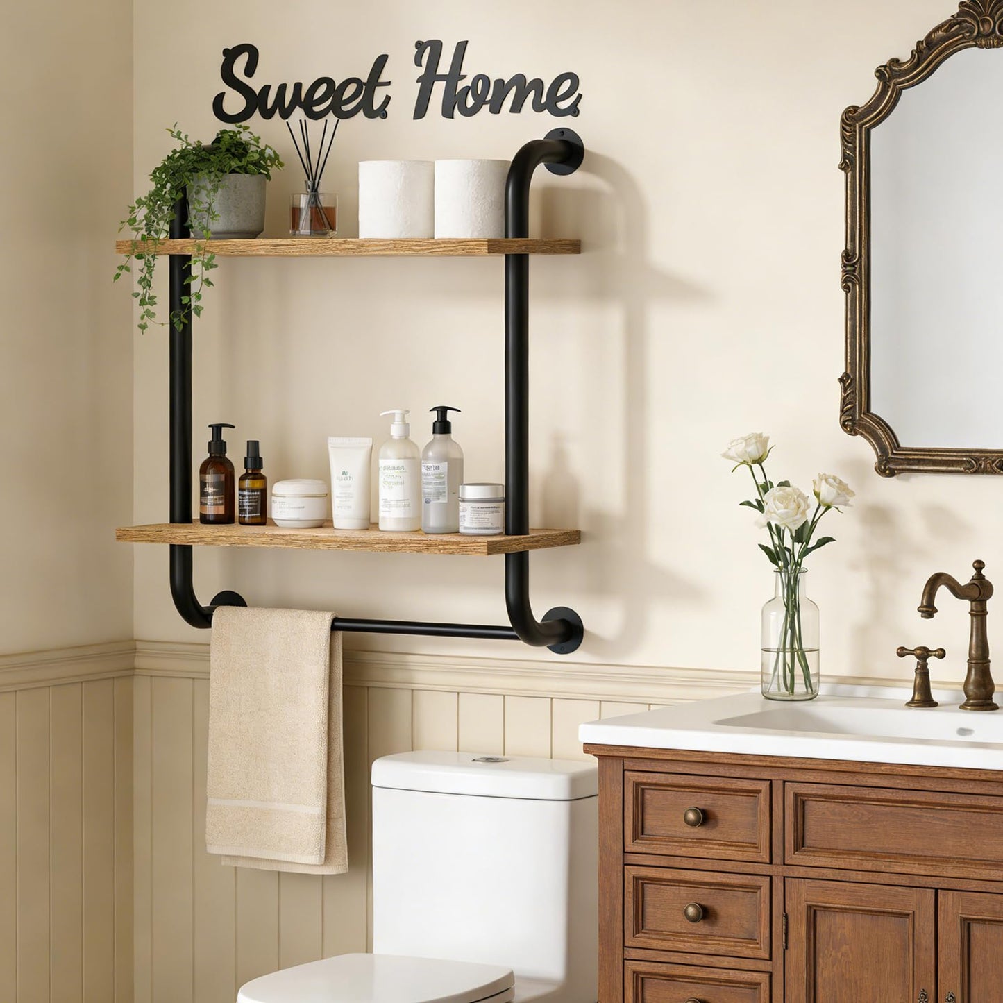 Tinpin Bathroom Shelves Wall Mounted, Rustic Farmhouse Pipe Shelves, Walls Shelf 3-Tier, Industrial Pipe Shelving, Floating Shelf Wall Decor for Bathroom, Kitchen, Bedroom, Living Room 17.3in Black DD1210