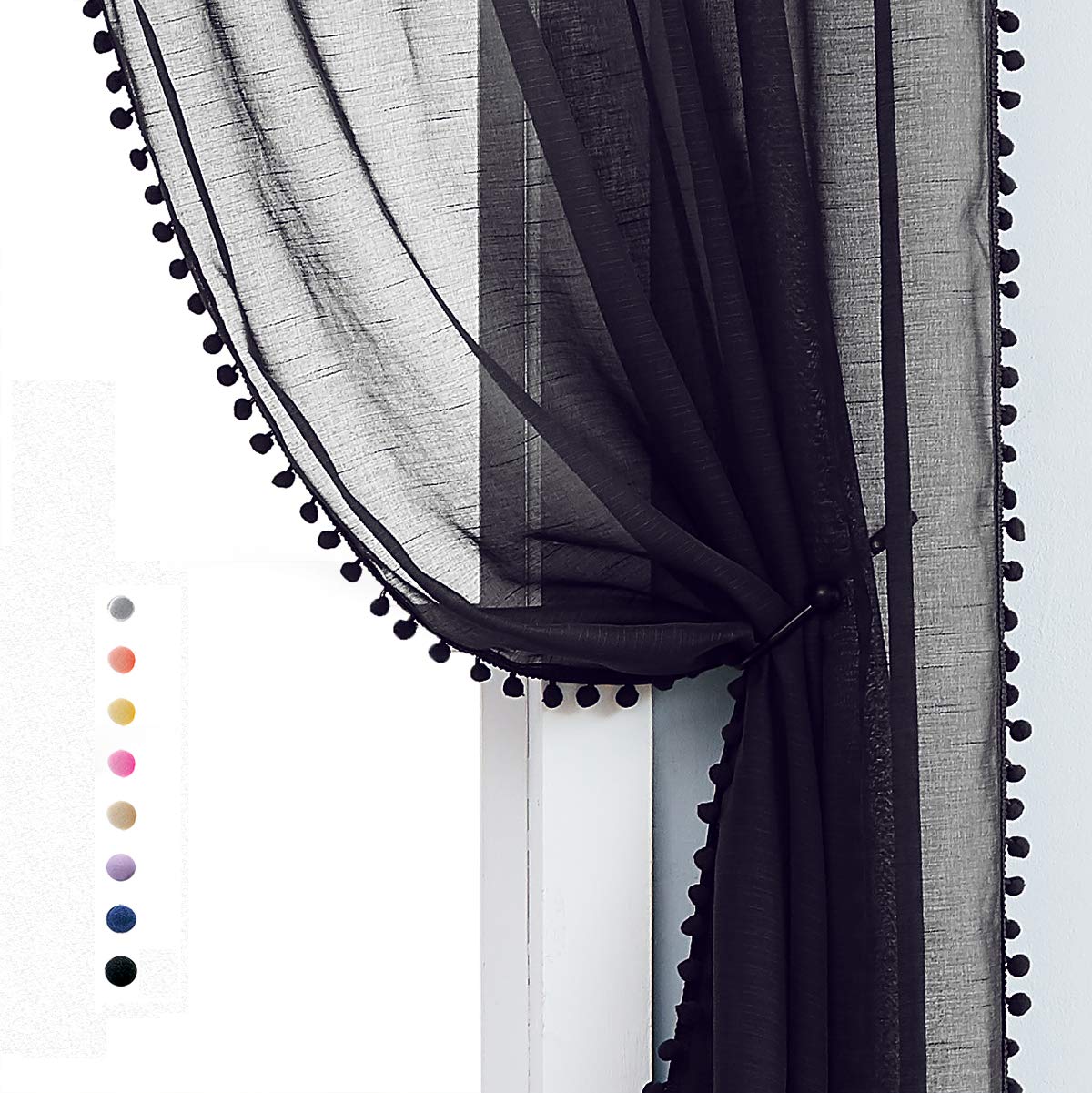 Treatmentex Pom-Pom Grey Sheer Curtains for Bedroom 63" Window Drapes Rod Pocket Textured Sheer Curtain for Kids Room 52" w 2 Panels BST202
