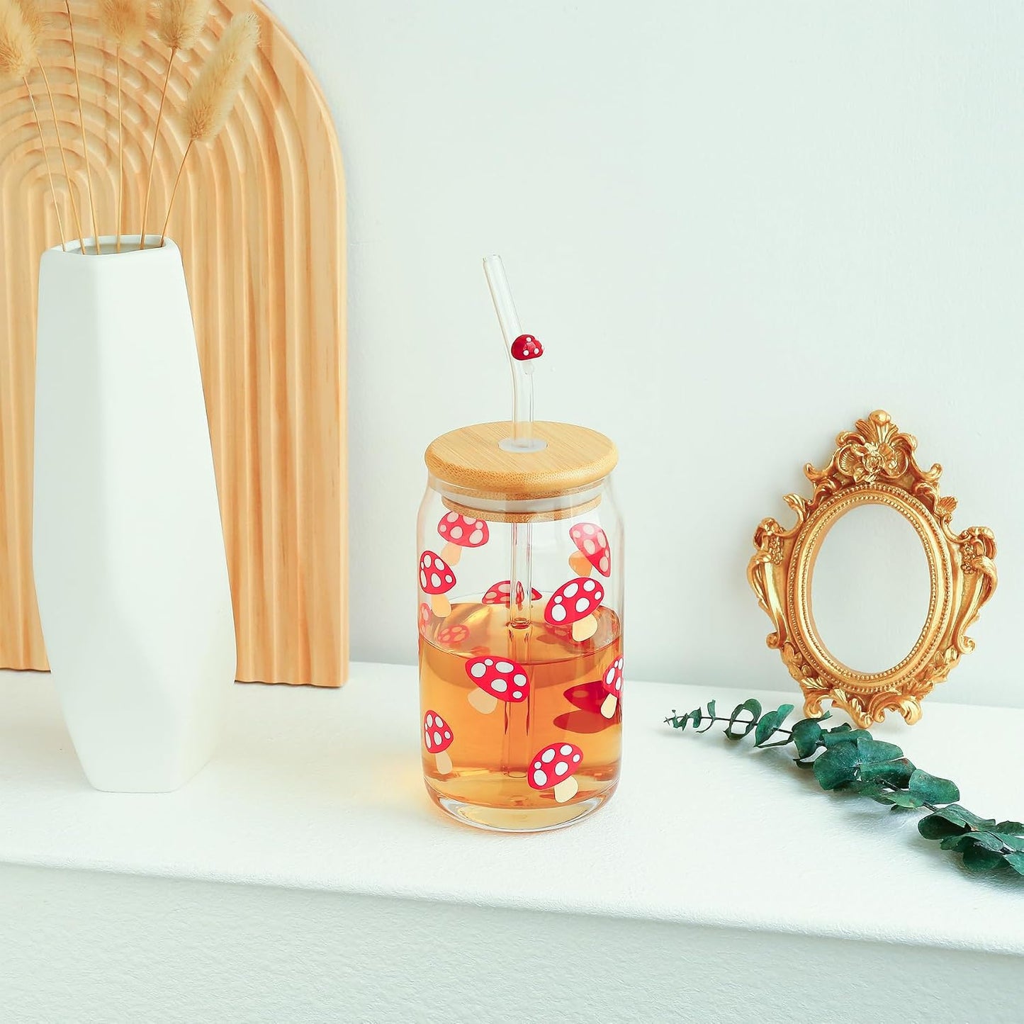Mushroom Cup 16oz Mushroom Glass Cup with Bamboo Lid and Straw, Mushroom Things Mushroom Stuff, Mushroom Drinking Cup Coffee Tea Soda Mug Tumbler, Mushroom Gifts for Women Mushroom Lovers BST202