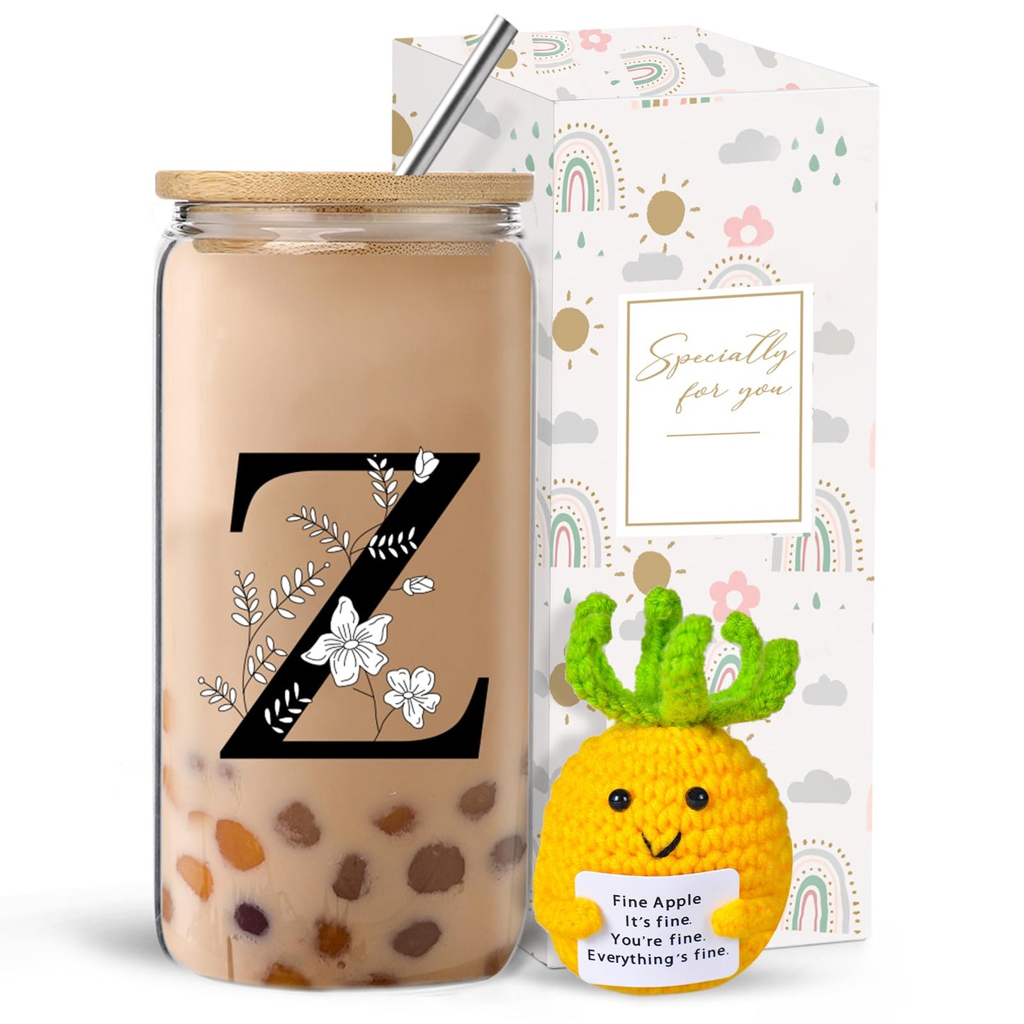 Monogrammed Initial Glass Cup with Lids and Straws gift for Women | Personalized Gift Set with Doll, 16 Oz Ice Coffee Cup ,reusable glass tumbler,Birthday Christmas Gift for Her,U WN420