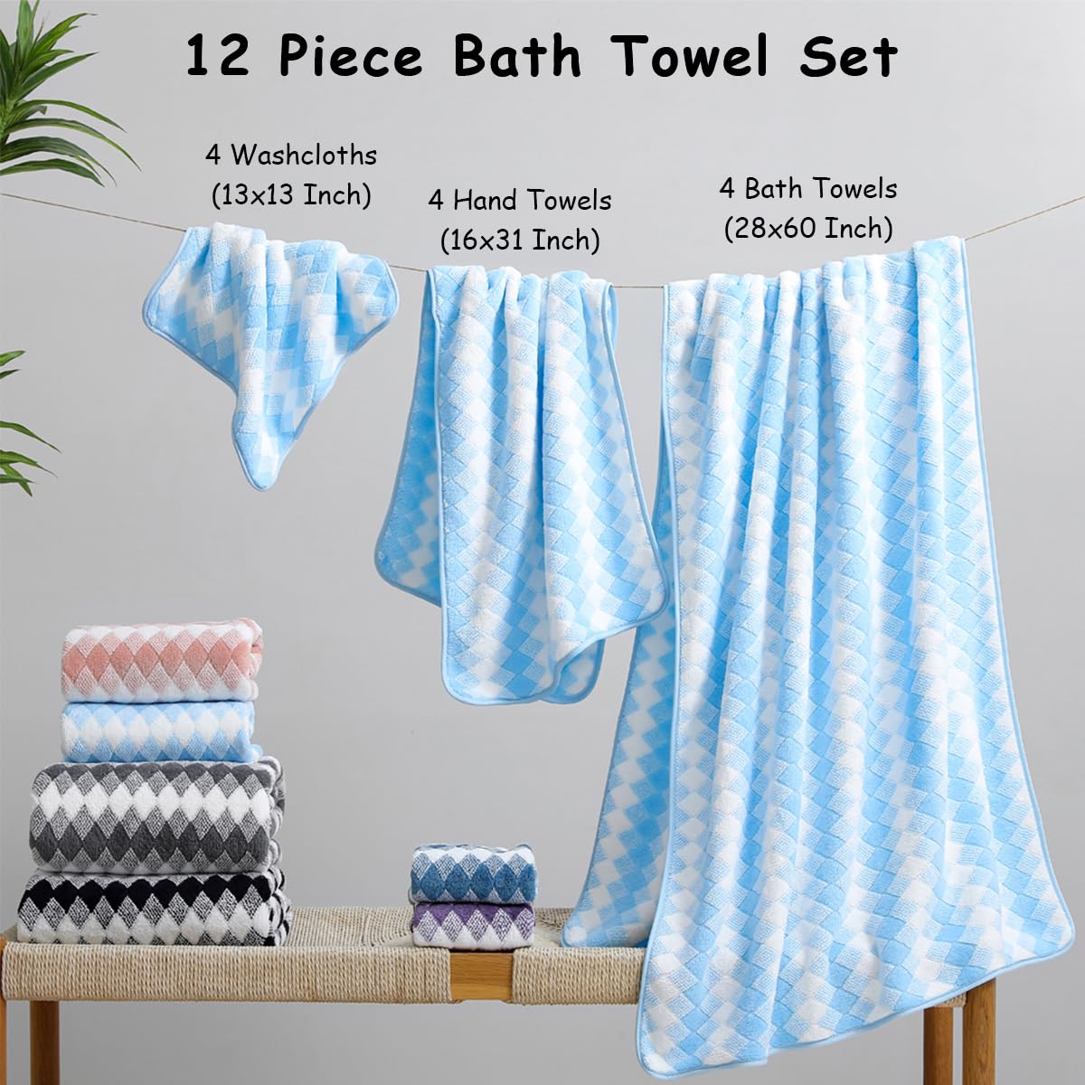 12 Pcs Light Gray Diamond Towel Set-4 Bath Towels,4 Hand Towels,4 Washcloths Soft Polyester Towels with Loop Absorbent Shower Towel Quick Dry Beach Chair Towel Family Towels for Bathroom Spa Gym Pool BST220