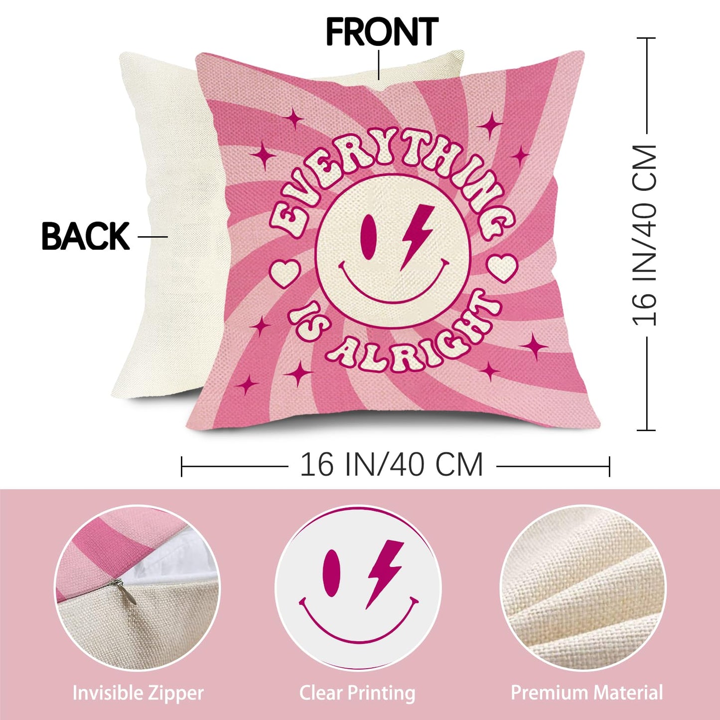 Groovy Smiling Face Inspirational Decorative Throw Pillow Covers | 20 x 20 Set of 4, Pink Hippie Smile Flower Porch Outdoor Home Decor, Motivational Quote Everything is Alright Couch Cushion BST202