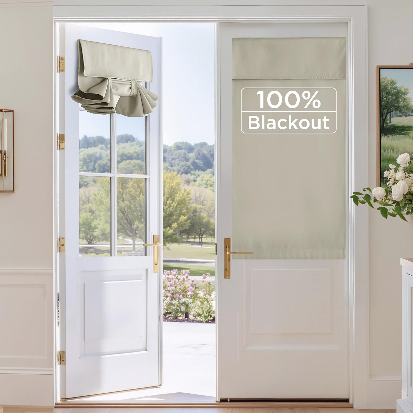 RYB HOME 100% Blackout French Door Curtains for Door Window - Room Darkening No Coating Thermal Insulated Privacy Protection Adhesive Cover for Glass Window, W 26 x L 40, 1 Panel, Black BST220