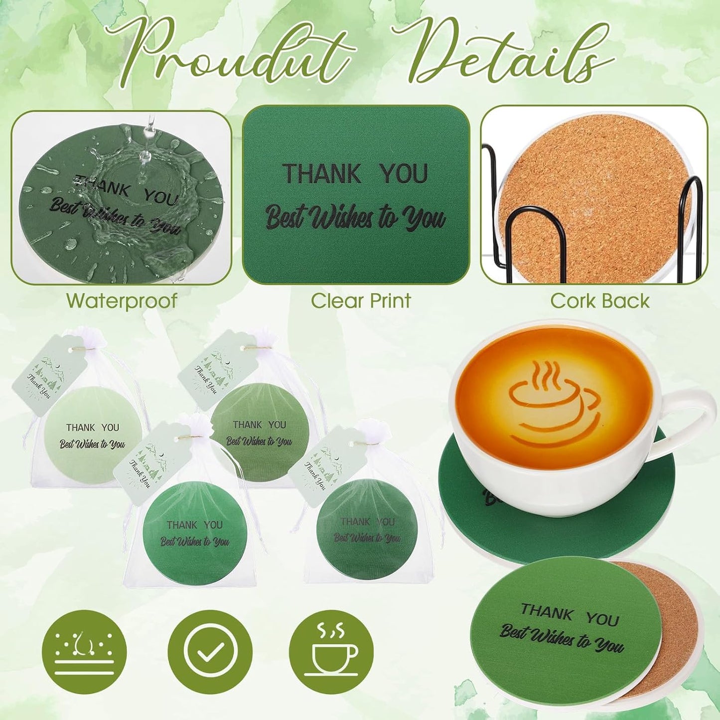 Zhehao 24 Pcs Sage Green Thank You Gift Set, Bulk Ceramic Coasters with Cards and Organza Bags for Employee Appreciation, Teacher Appreciation Gifts, Wedding Favors, Baby Shower, Church Party Favors BST326L