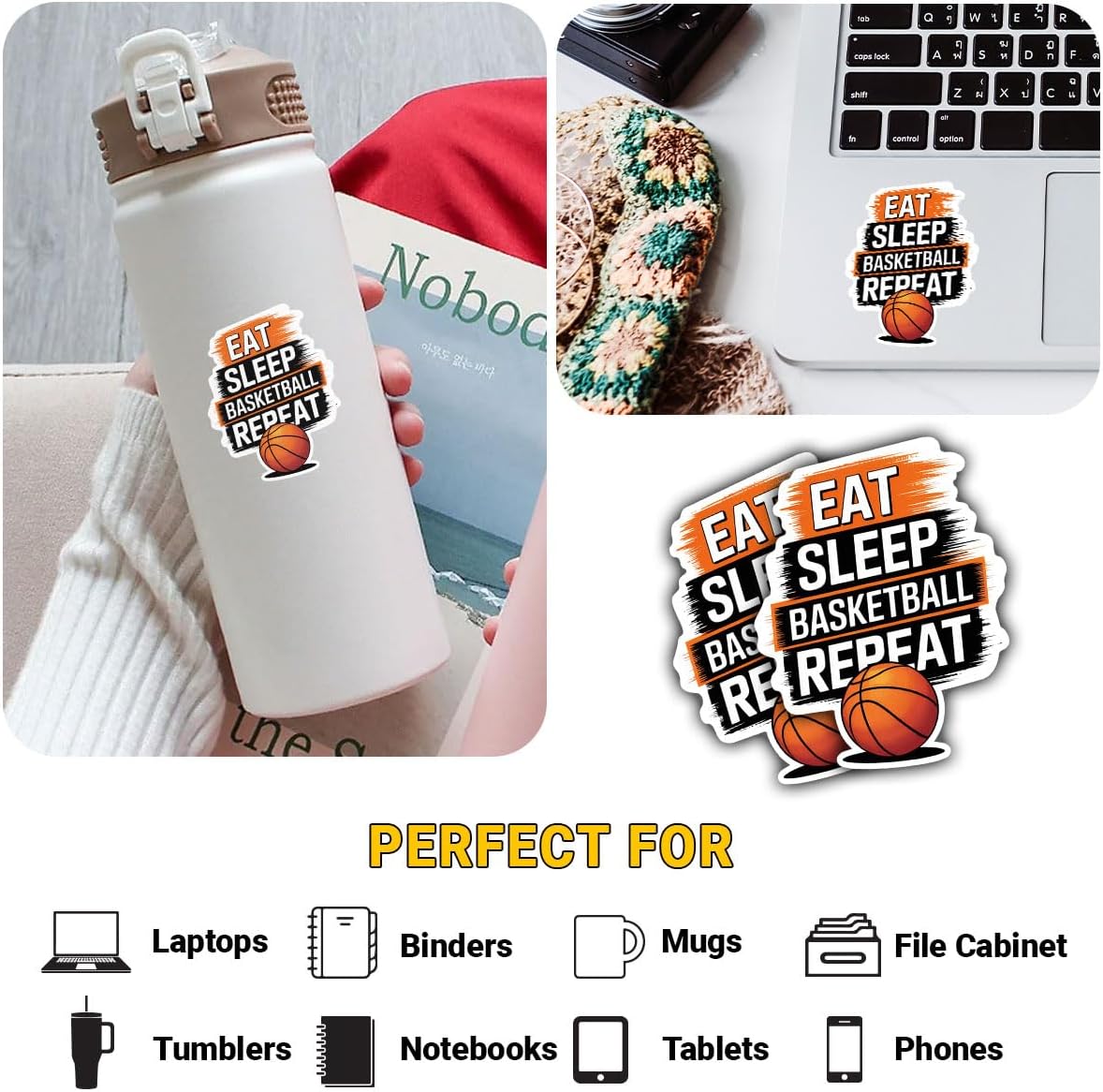3 Pcs Eat Sleep Basketball Repeat Vinyl Stickers – Funny Basketball Quote Decals for Players, Athletes, Sports Fans – Motivation Sticker for Laptop, Bottle, Locker, Journal (S1, 2 inch) BST202